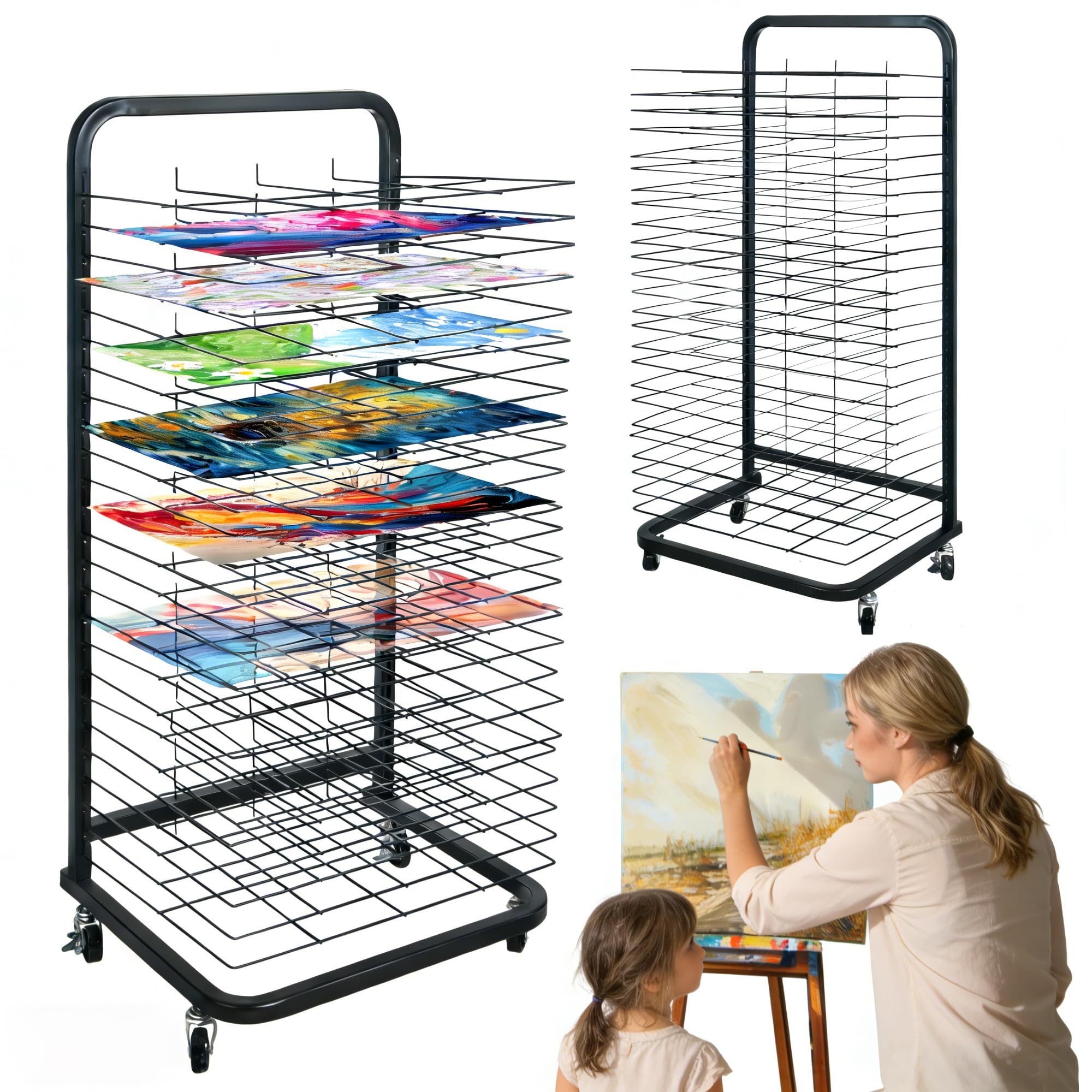 25 Removable Shelves Mobile Art Drying Rack for Classroom, Sturdy Metal Art Canvas Storage & Art Print Display Rack with Locking Wheels (32.22x14.6x17.3 In)，Painting Drying Rack，paper drying rack