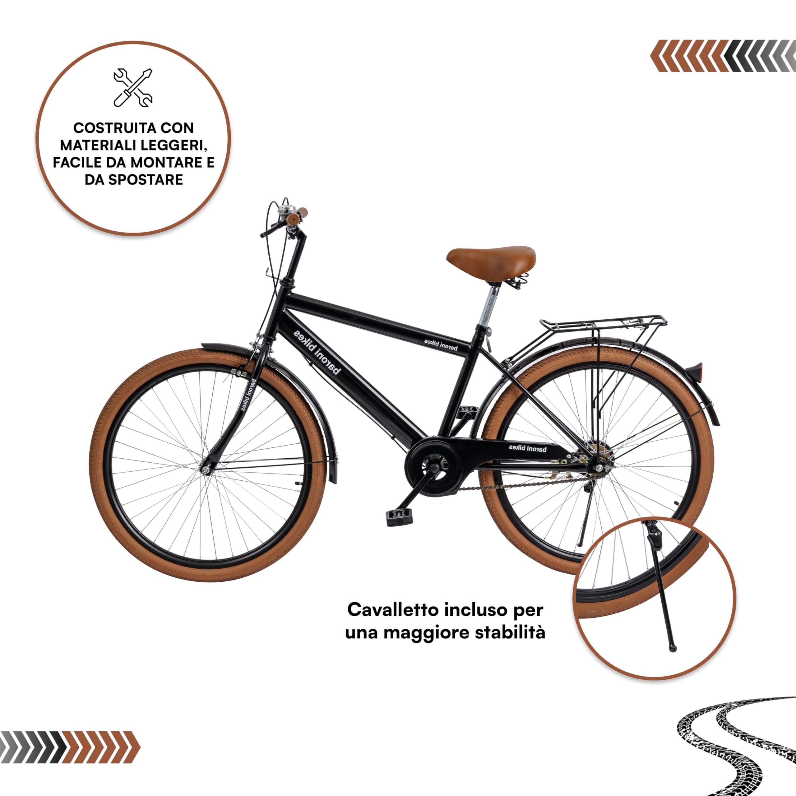 Baroni Home Bicicletta da Passeggio da Uomo e Donna, con Campanello, Manubrio e Sellino Regolabile, Bici con Doppio Freno Anteriore e Posteriore, City Bike, Nero e Marrone, 168x90 cm