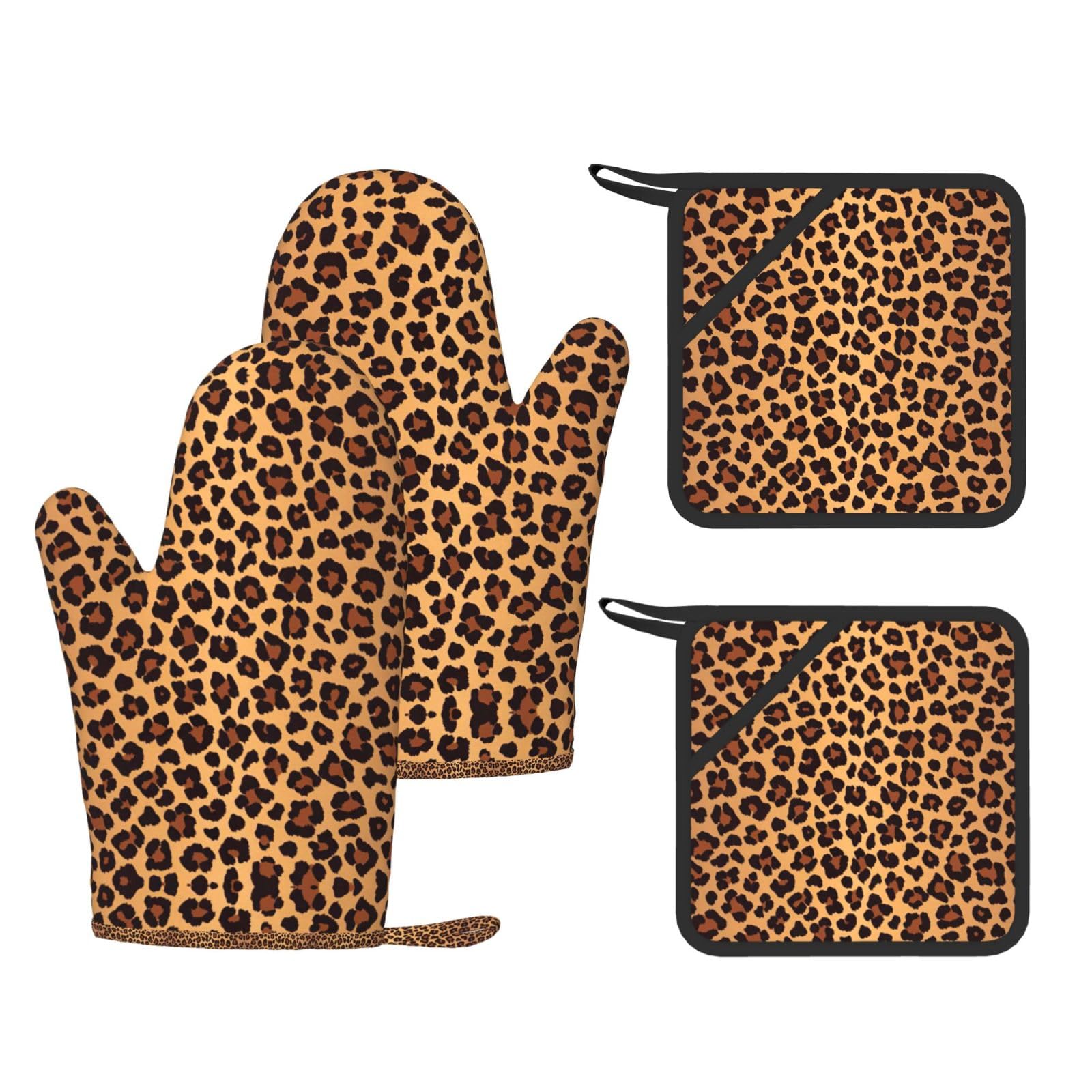 Leopard Pattern Printed Pot Holders and Oven Mitts 4-Piece, Non-Slip Kitchen Gloves with Utensil Pocket for BBQ
