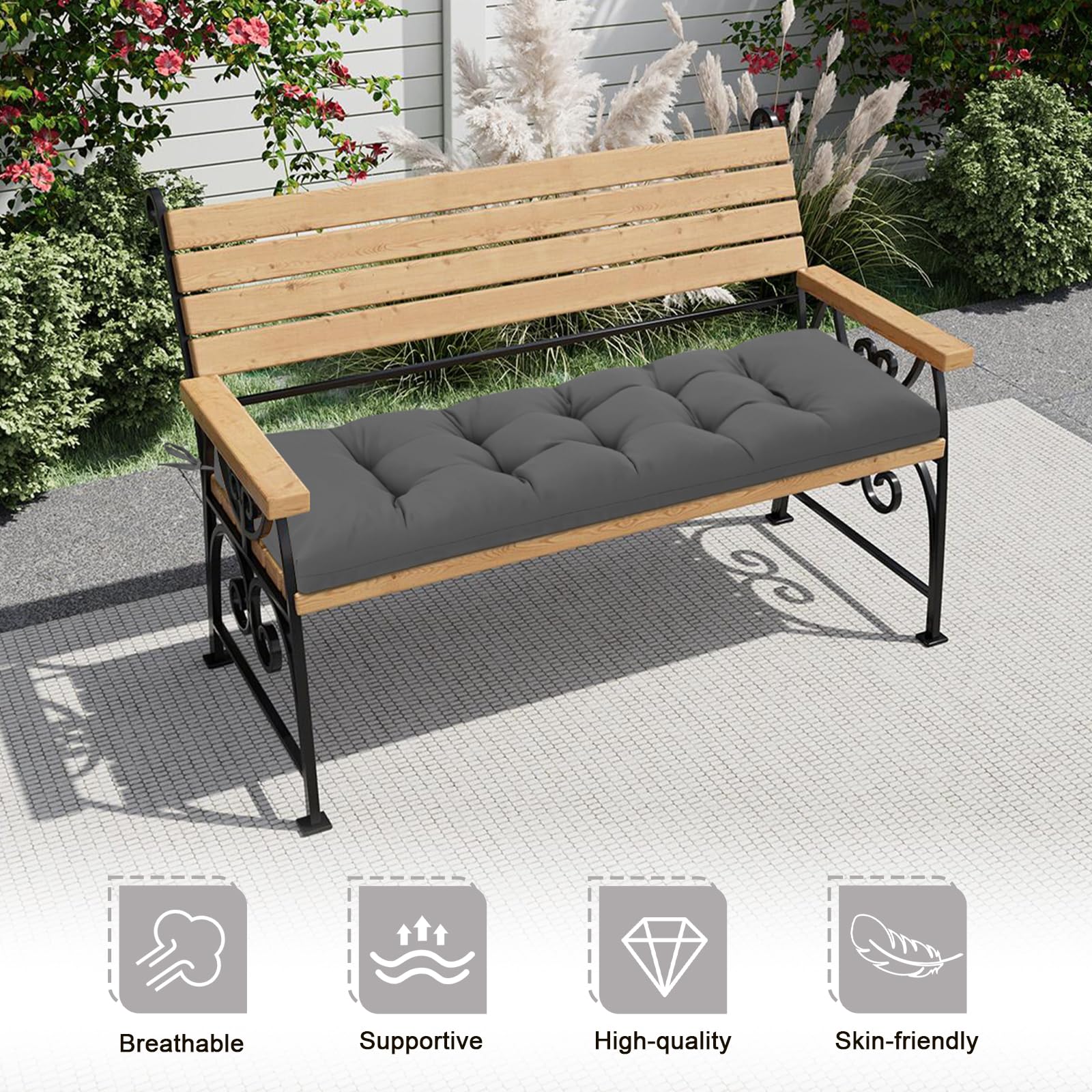 PRIMEPATIO Outdoor Garden Bench Cushion, 8cm Thick Tufted Waterproof Long Bench Seat Pad with Ties, Replacement Cushion for Patio, Lawn & 3 Seater Loveseat Furniture, 143x52cm, Dark Grey — view 4
