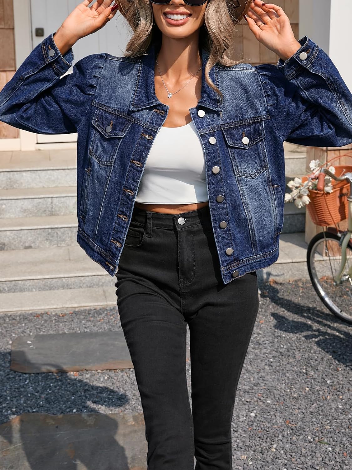 LifeShe Women’s Cropped Denim Jacket Puff Sleeve Button Down Jean Coat Vintage Short Denim Outerwear Casual Streetwear - Image 6