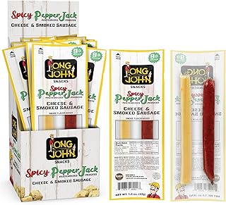 Long John Snacks Meat and Cheese Sticks - Spicy Smoked Sausage & Real Wisconsin Spicy Pepper Jack Cheese Stick - High Protein Snacks Made from Premium USA Pork & Beef - Low Carb, Keto Snack - 12 Pack