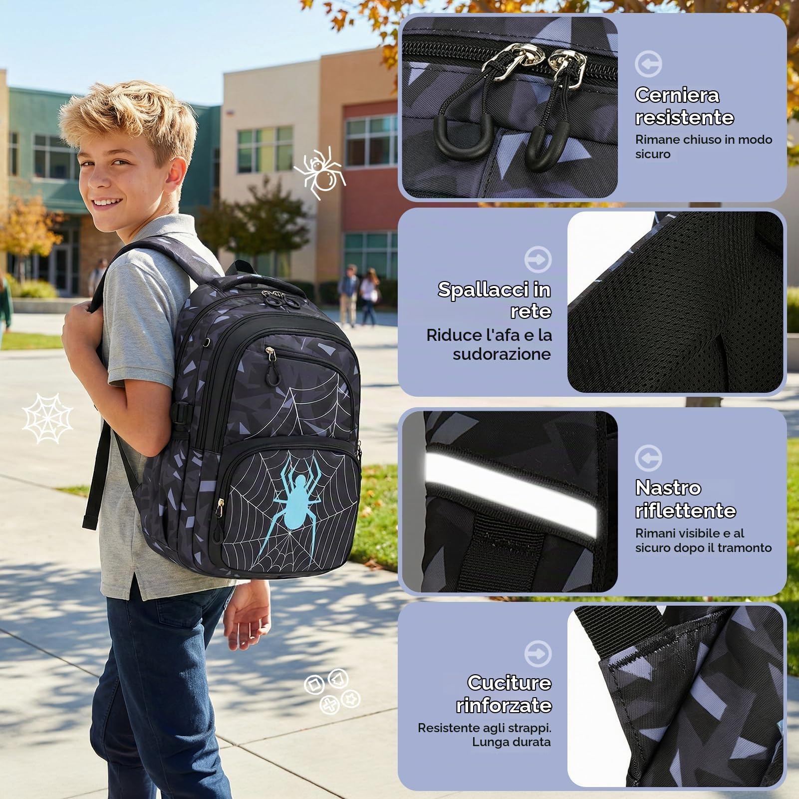 Zaino Scuola Elementare Bambino Fosforescente, Zaini Grande per Ragazzi Adolescenti, Zaino Medie Ragazzo Casual Traspirante e Impermeabile da Viaggio, Nero