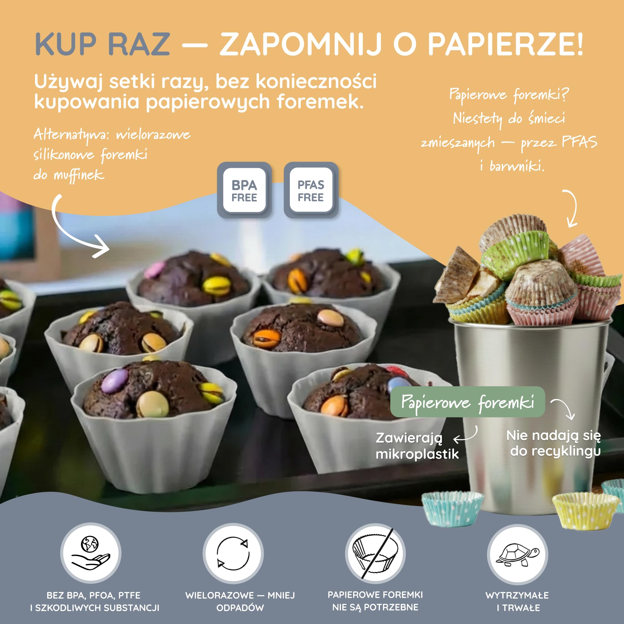 Backefix silikonowe foremki do muffinek zestaw – 24 szt., szare (Ø 6 cm) – nieprzywierające, platynowy silikon, do zmywarki, bez BPA i PFAS – do muffinów, cupcakes, deserów, ciastek
