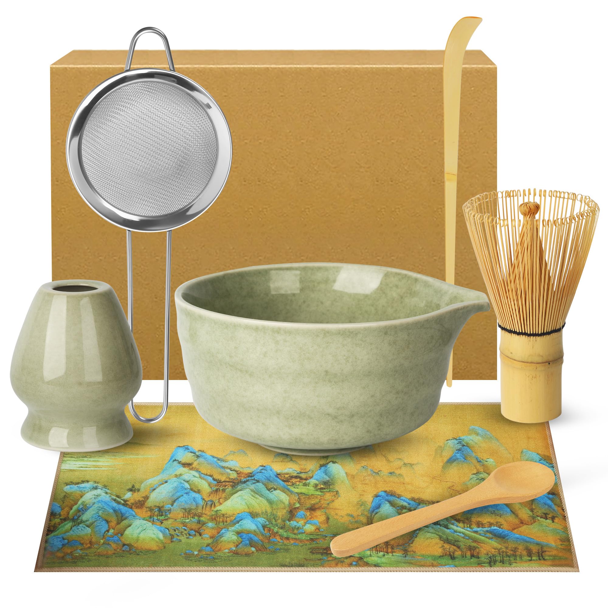 Matcha Set - Matcha Tea Set 7 Piece Matcha Besen Set, Matcha Zubehör - Matcha Set für Einsteiger - Stylisches Matchas Set Matcha-Besen,Matcha Filtersieb,Matcha-Schale, Chasen, Tuch und Matcha Löffel