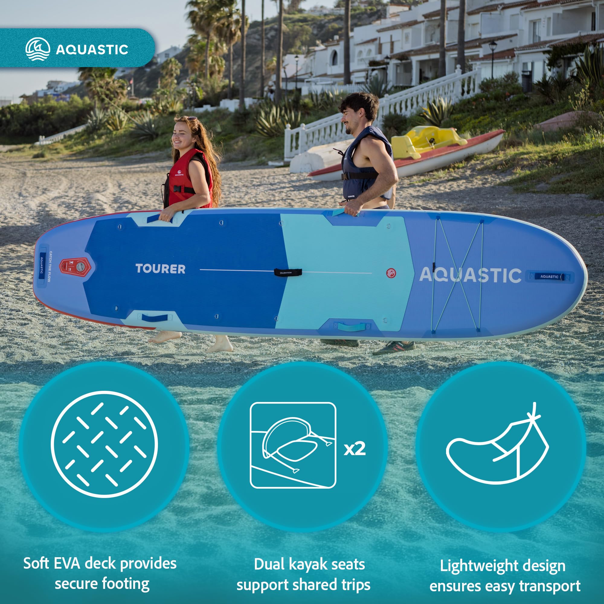 AQUASTIC Tourer nadmuchiwana deska SUP 12'0″ | Allround Touring | 365 x 86 x 15 cm | pojemność skokowa 410 l | 2 miejsca kajakowe | technologia Drop Stitch Lite | maksymalne obciążenie 200 kg