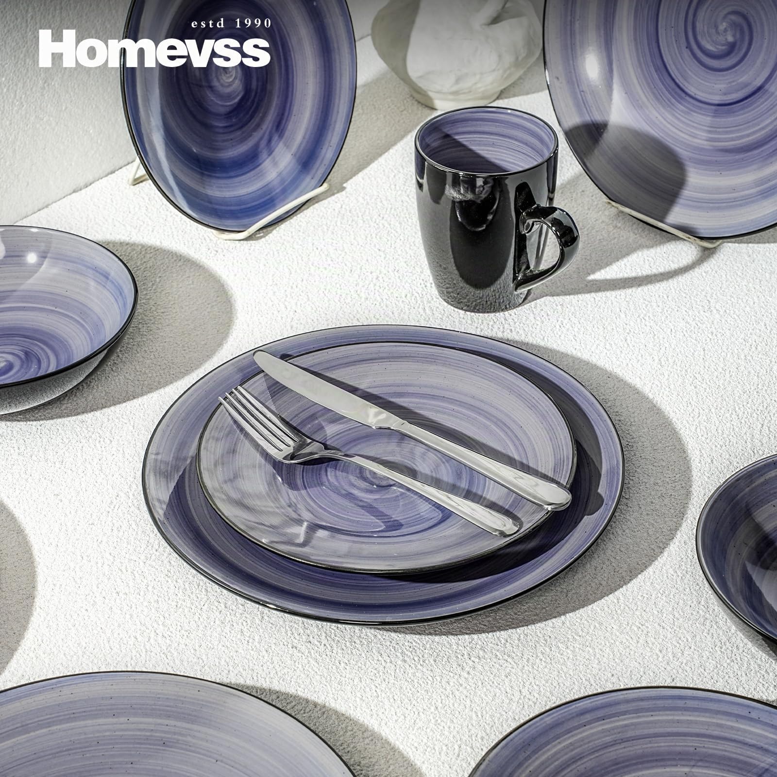HomeVSS Sonoma Service de table 16 pièces en grès extérieur noir + intérieur peinture à la main (bleu roi)