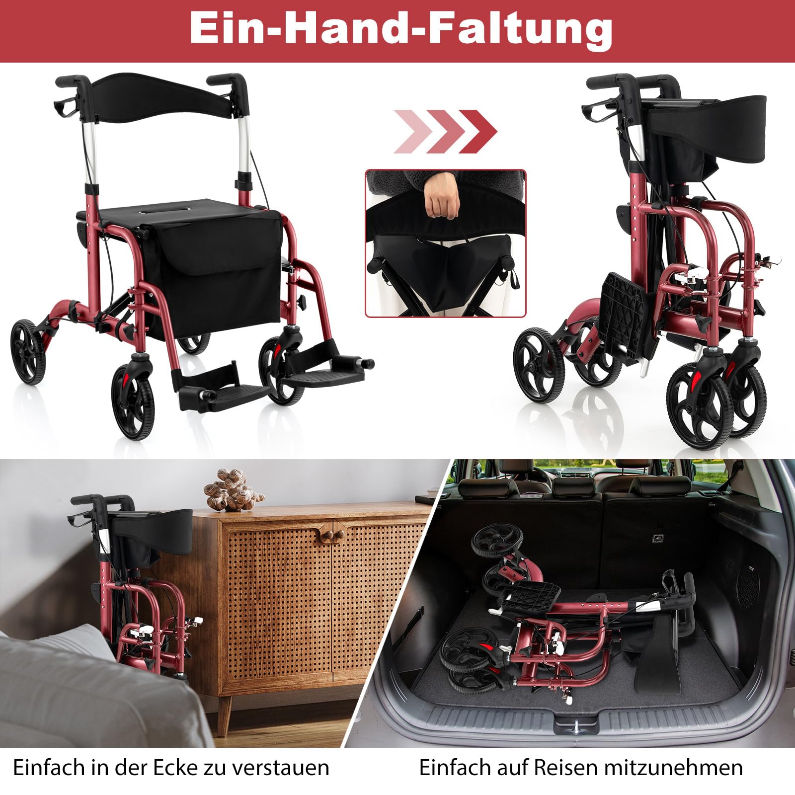 RELAX4LIFE Rollator Faltbar Leichtgewicht, 2 in 1 Rollstuhl Reiserollator, Gehwagen 6-fach Höhenverstellbar, Laufhilfe mit 2 Bremsen Stockhalter Tasche, Aluminiumlegierung bis 136 kg (Rot)