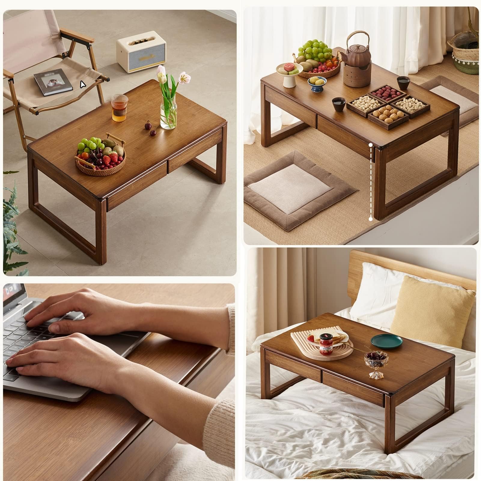 Tavolo da pavimento giapponese per meditazione, tavolino basso in tatami, piccolo tavolino da tè per camera da letto, balcone e sala da pranzo, design versatile, 70 x 42 x 30 cm
