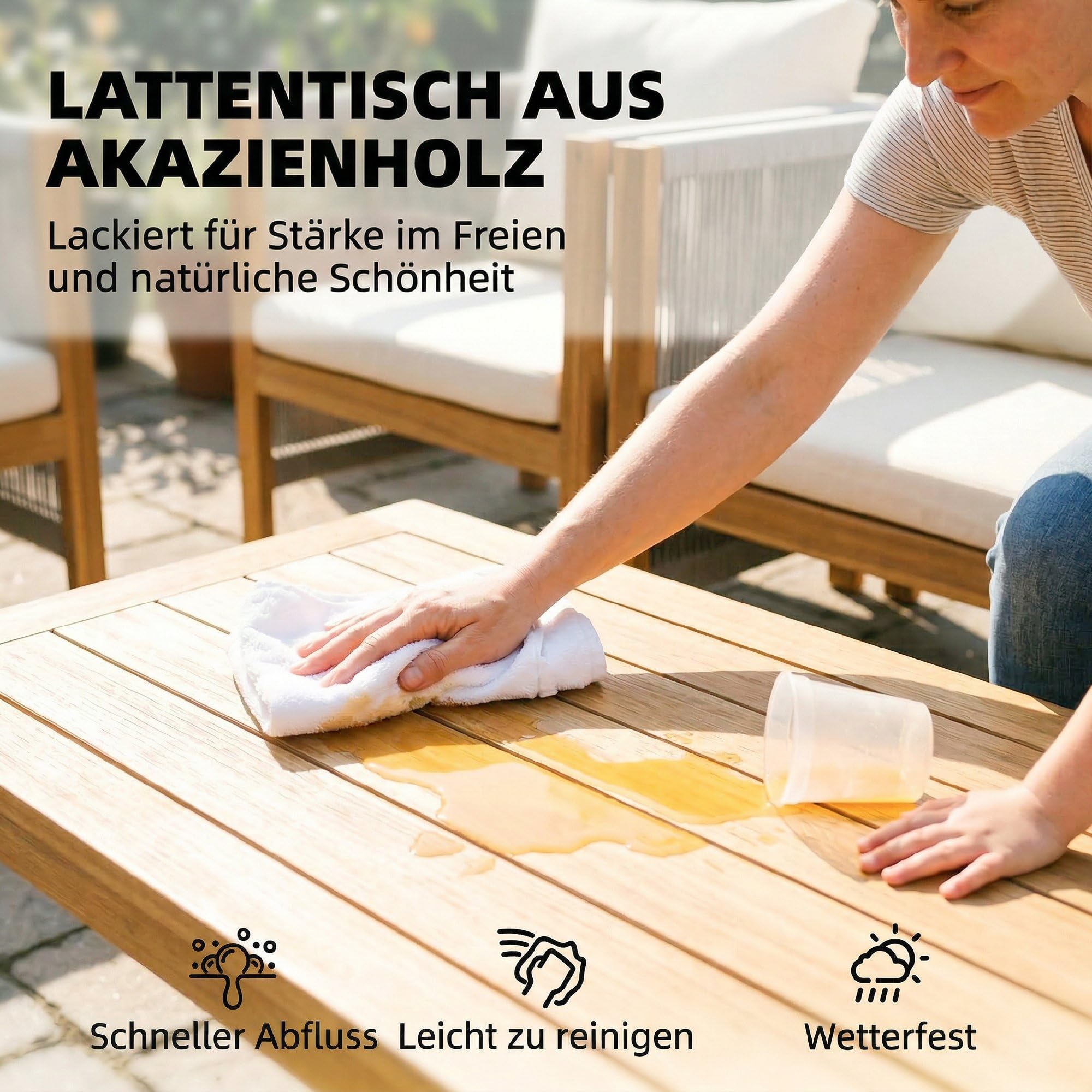 Outsunny Gartenmöbel Set Akazienholz für 4 Personen mit 2er Sofa Beige | Sitzgruppe, Gartenlounge, 2 Sessel, Tisch, Seilflecht, Lamellendesign, Waschbare Kissen, Outdoor Balkonmöbel, für Garten