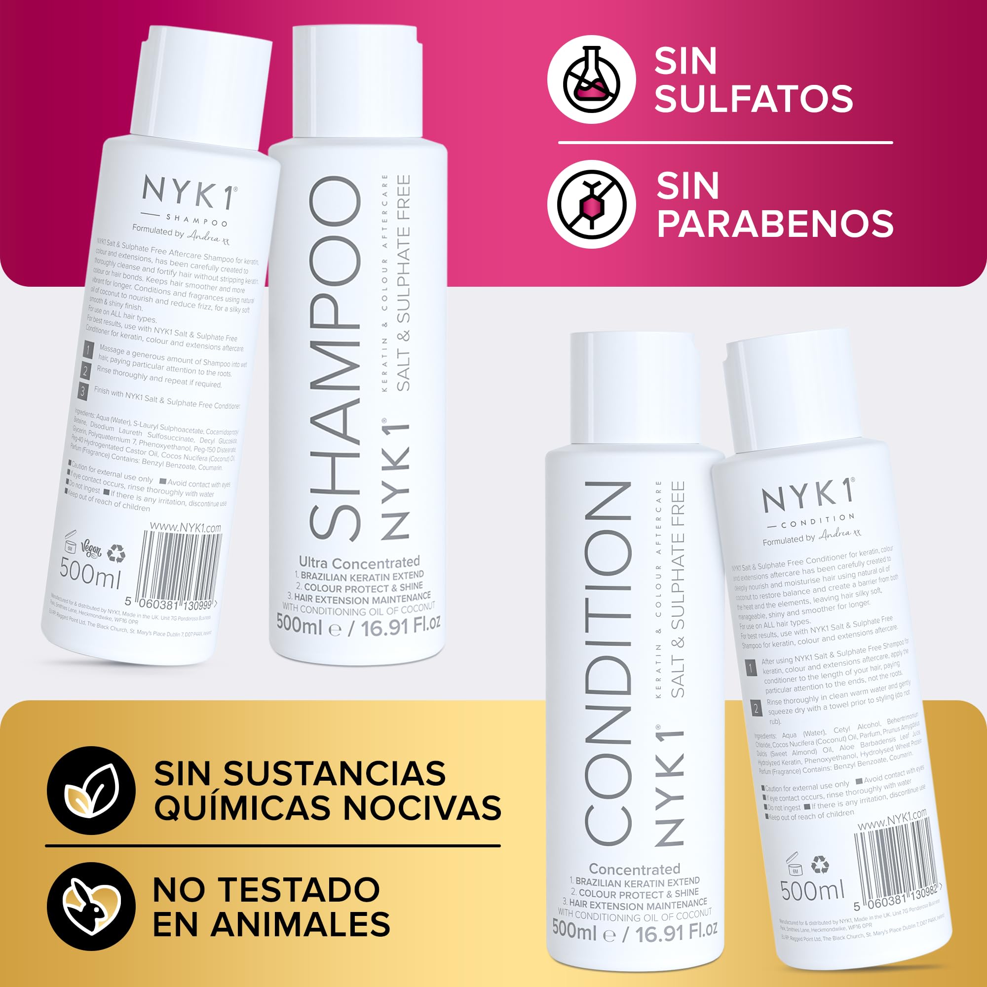 NYK1 Champu Sin Sulfatos Y Acondicionador (500ml x2) Champu Sin Sulfatos Ni Parabenos Y Cuidado Posterior Para Extensiones Y Color - Limpieza Suave Shampoo Sin Sulfato Y Acondicionador Ni Siliconas