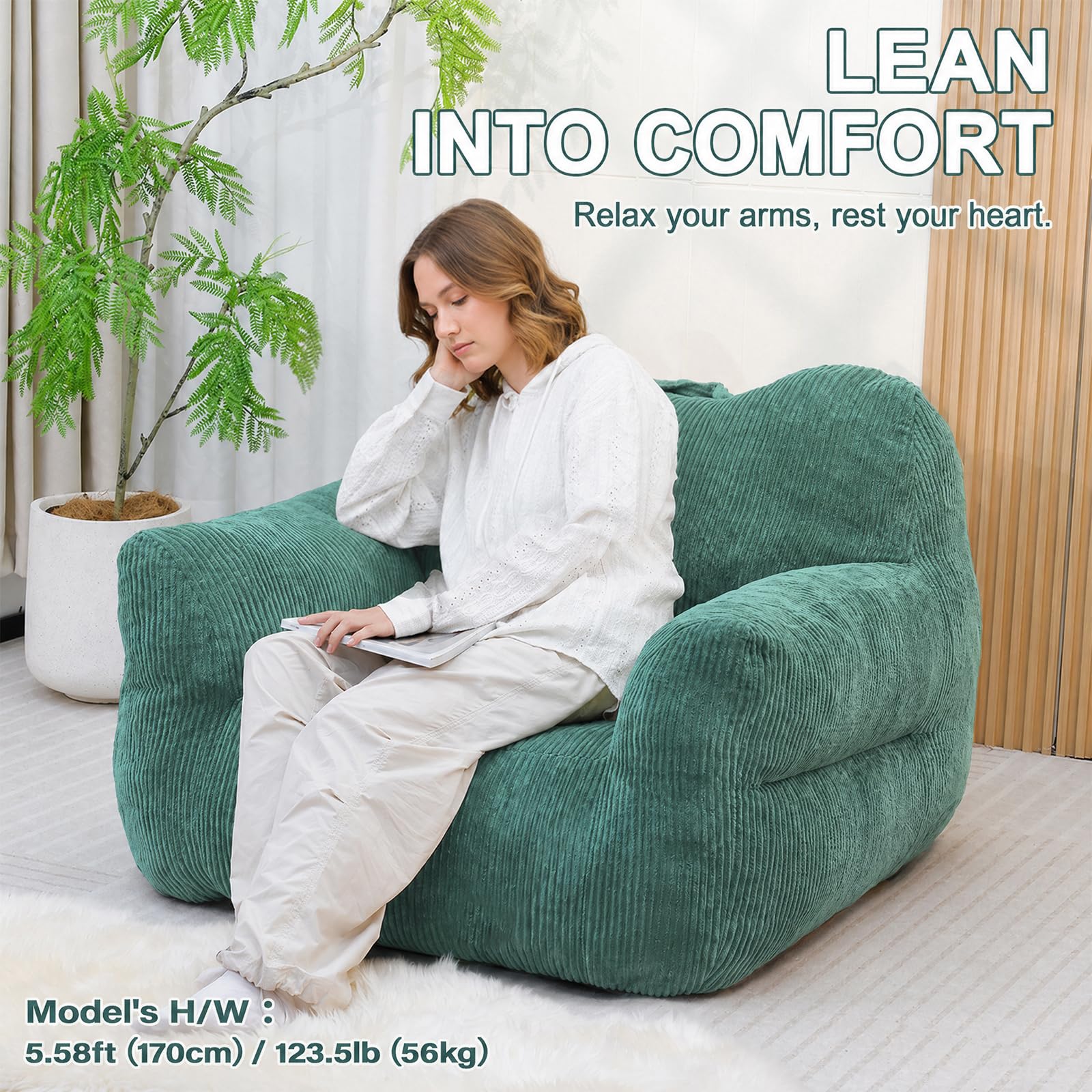 Cord Sitzsack Erwachsene, Bean Bag Chair mit Memory-Schaum Füllung, Gemütlicher Relaxsessel mit Armlehnen & Tragegriff, Big Sessel für Wohnzimmer Schlafzimmer (XL-Dunkelgrün)