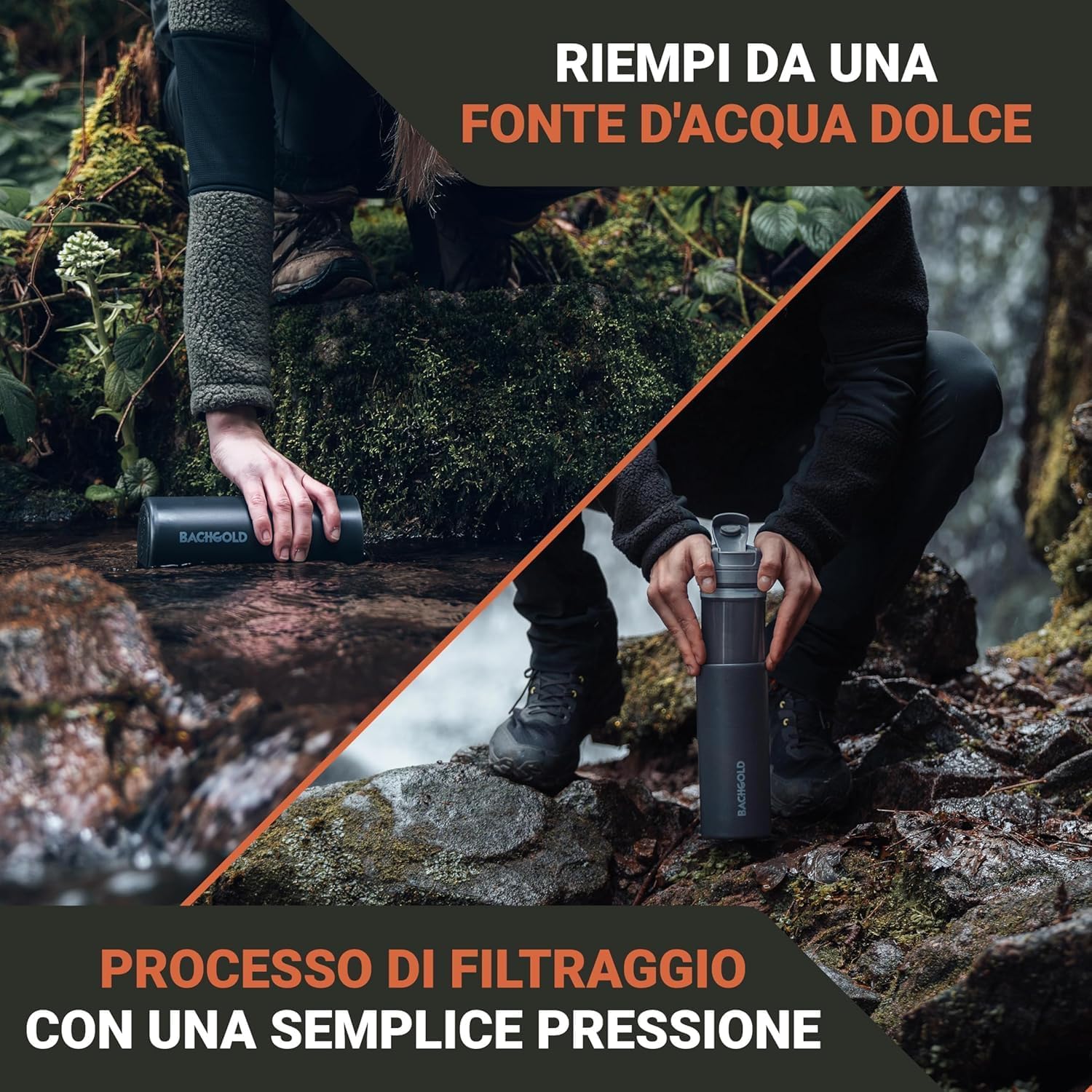 Bachgold Filtro dell'acqua per esterni con capacità di filtro 1500L,rimuove il 99,99% di tutti i batteri e filtra virus,particelle e metalli pesanti,a prova di blackout e crisi, para botella de 500ml
