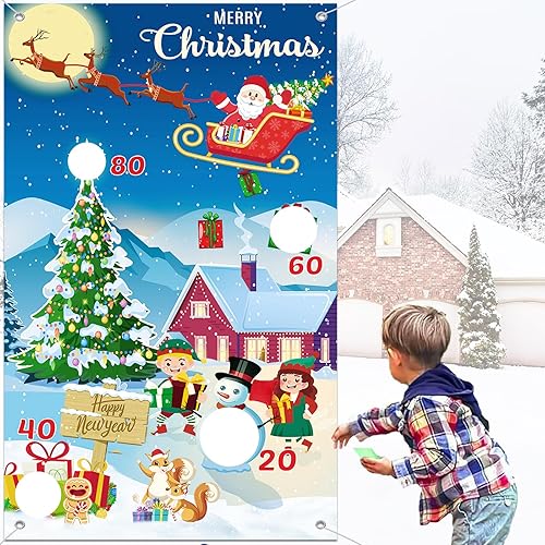 Juego de Navidad, cartel de juego de lanzamiento de árbol de Navidad con 4 bolsas de frijoles, juegos de Navidad para decorar deportes temáticos de