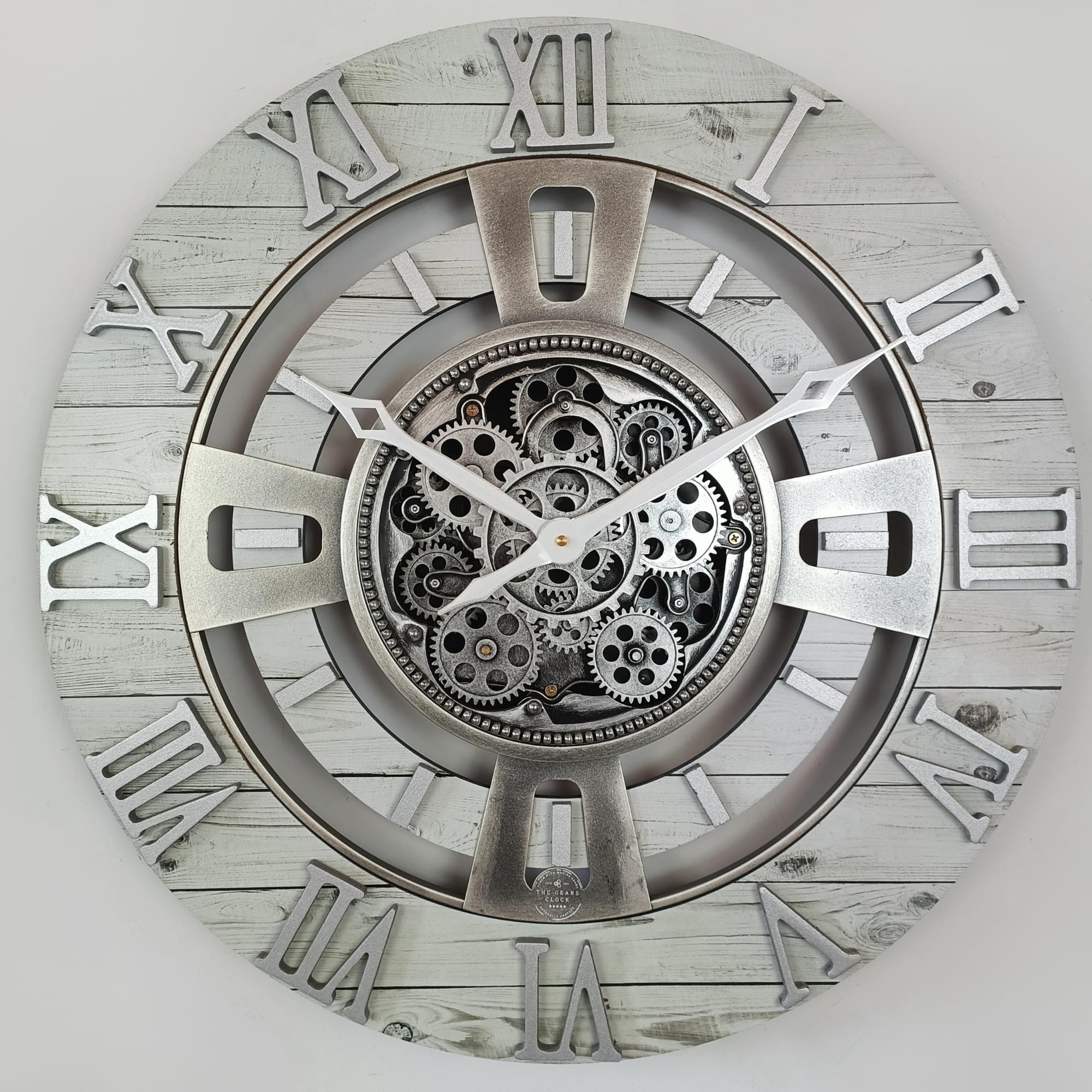 ImprovingLife El Reloj de Engranajes Reloj de pared con engranaje de movimiento real, línea de Inglaterra (Granja rústica blanca, 60 cm (24 pulgadas))