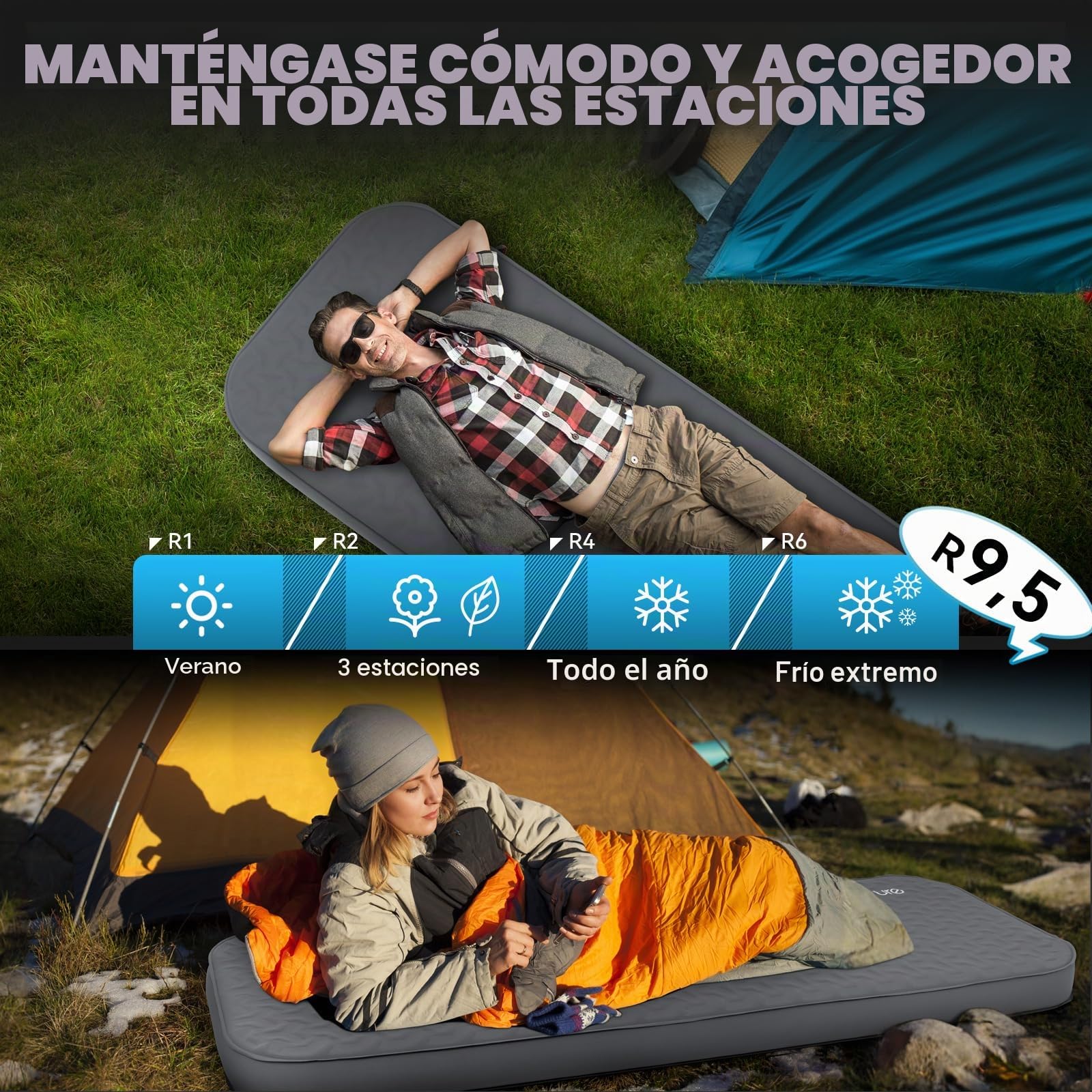 HIKENTURE Colchoneta autoinflable con bomba eléctrica, 10 cm de grosor, colchón de espuma para acampar, 9,5 R de valor