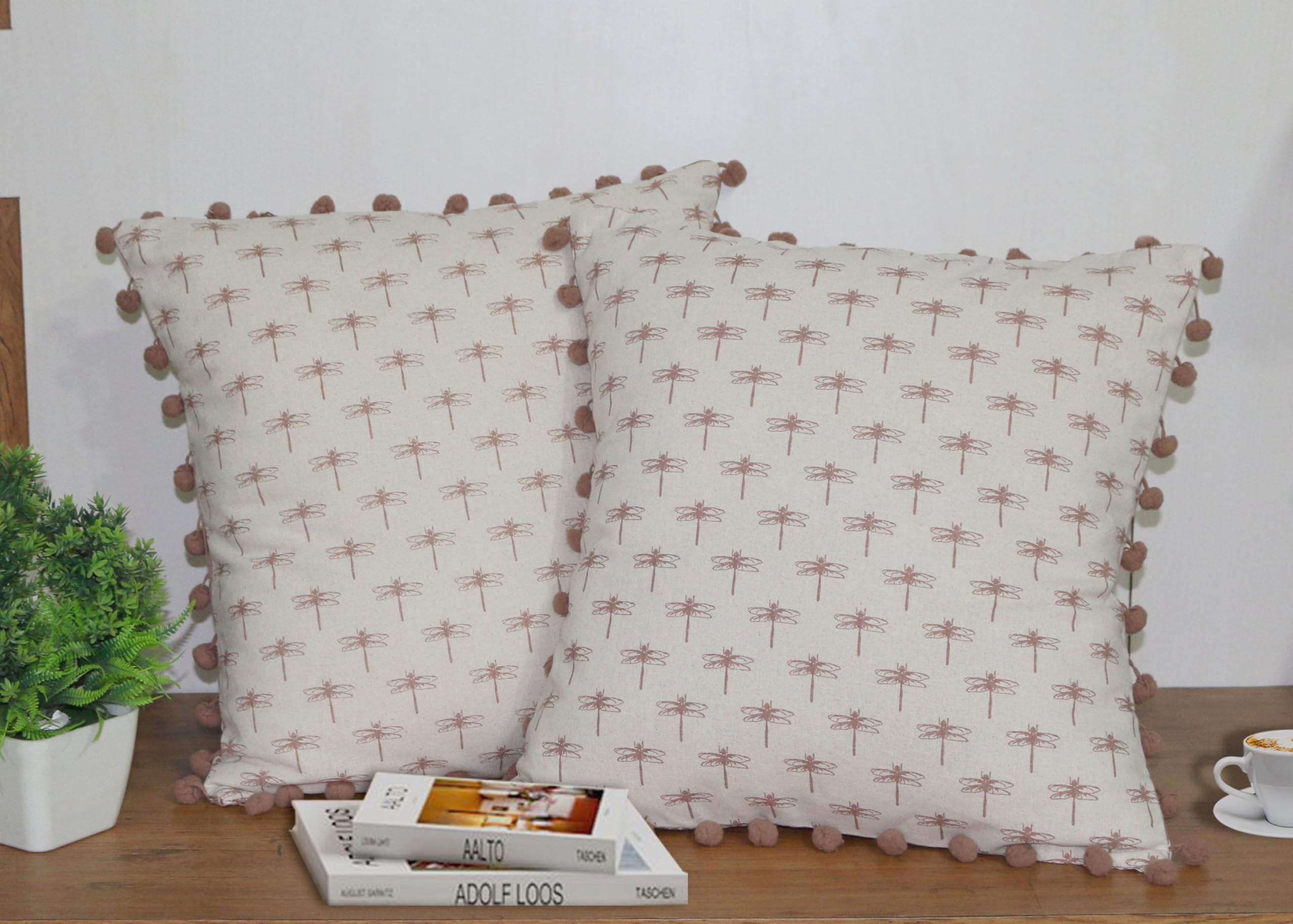 Tiny Break Cotton Decorative Throw Pillow Case - Dragonfly Printed Cushion Covers with Pom Pom - 18 x 18 Inch - Set of 2 - Sandrift