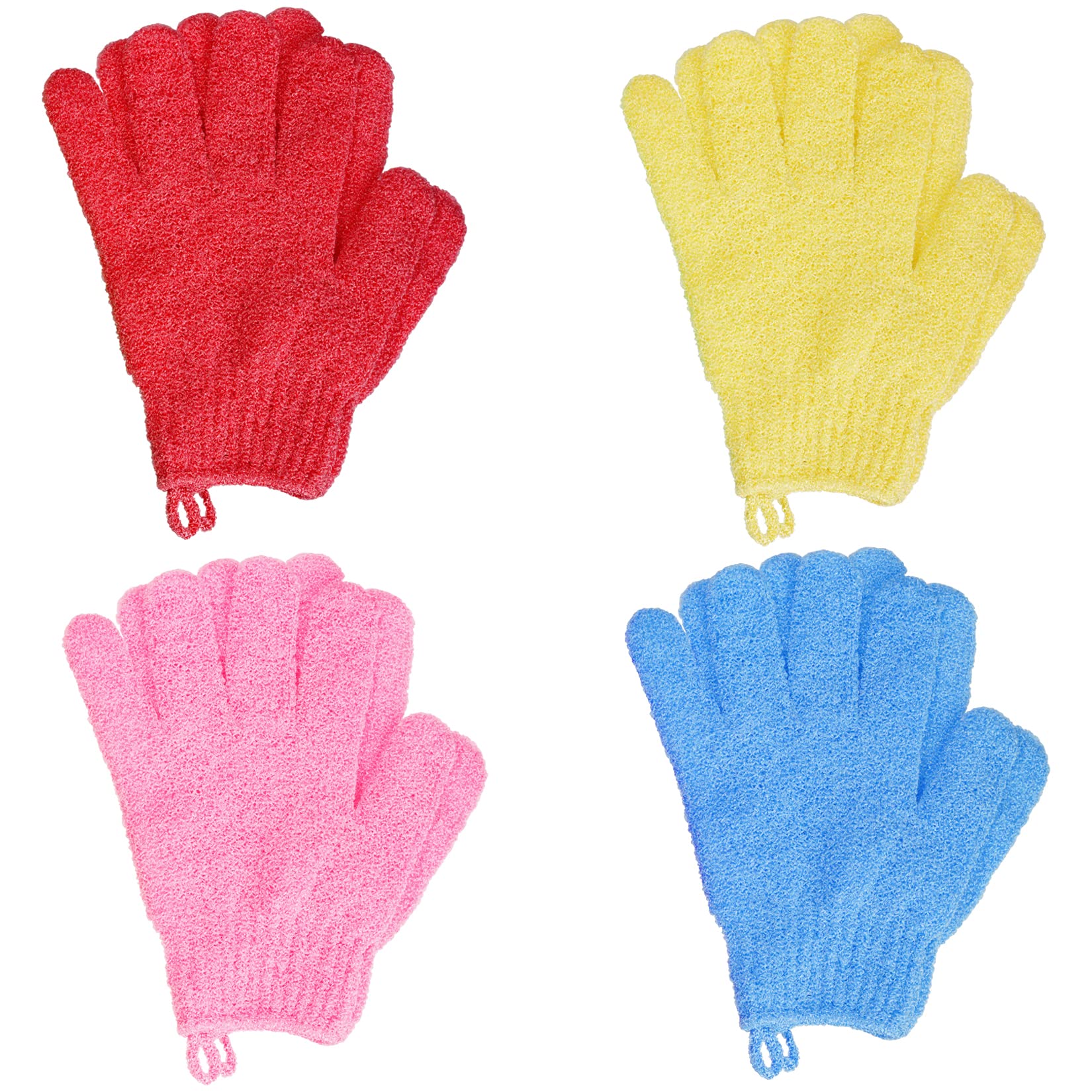 4 Pairs Bath Exfoliating Gloves Scrub, Double Sided Bath Mitts Scrubs for Shower, Exfoliating Shower Mitt Body Scrubber Glove, Bathing Accessories for Bath, Spa, Massage(Yellow, Red, Pink, Light Blue)