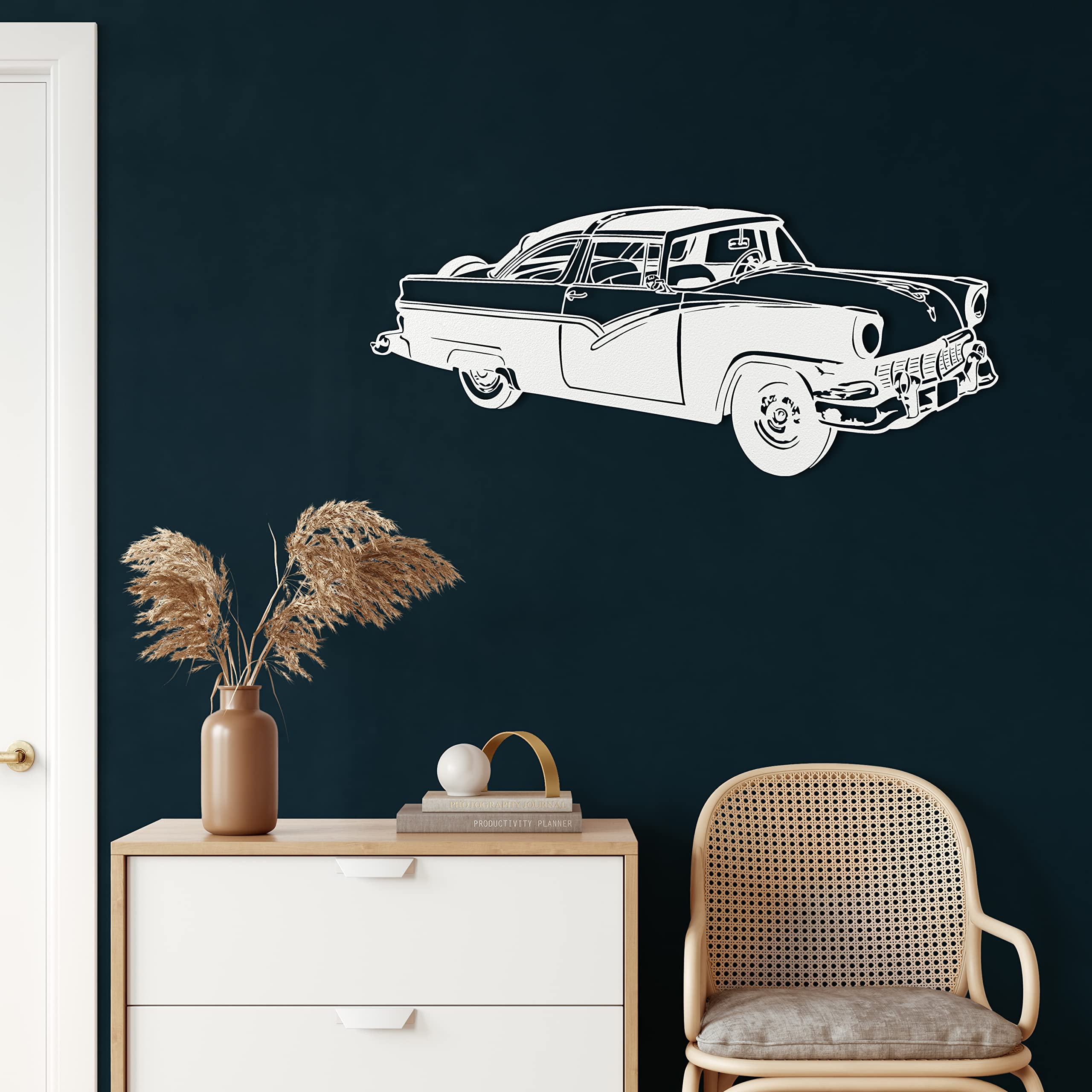 Decoración de pared de metal, para coche, decoración del hogar, sala de estar, letrero de pared, arte de pared de metal, decoración de interiores, para interiores y exteriores, color blanco (150 x 64