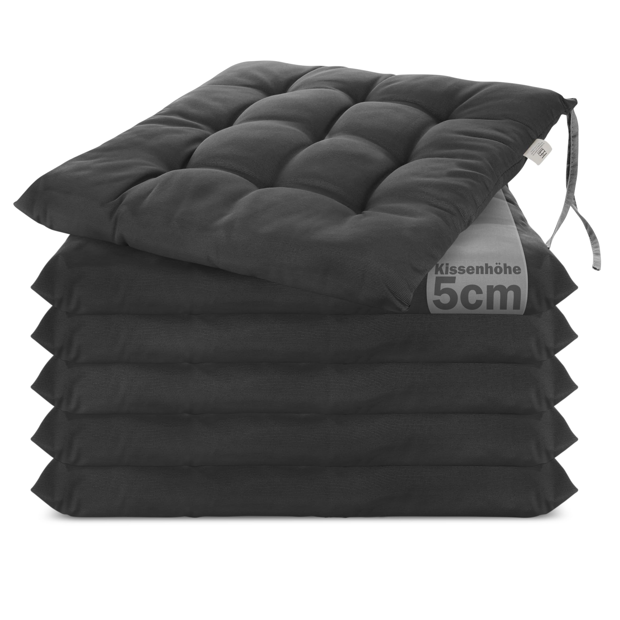 Brandsseller 6er Set Stuhlkissen 40x40x5 cm Sitzkissen Polster Stuhlauflage mit Haltebändern Dekokissen für Indoor Outdoor gesteppt - Anthrazit