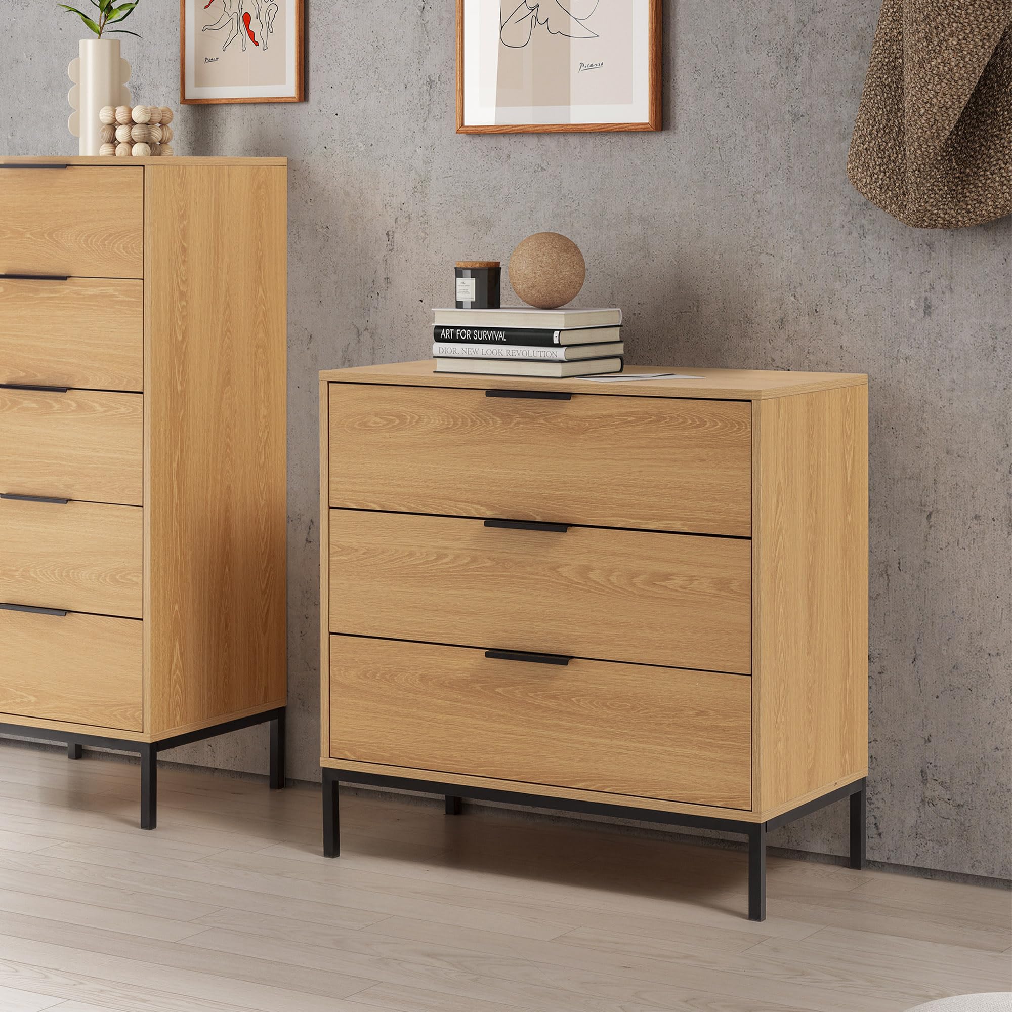 HOMN LIVING Cómoda de Noche Auri 3 cajones Color Roble, 80 cm (Ancho) 40 cm (Profundo) 80 cm (Altura)
