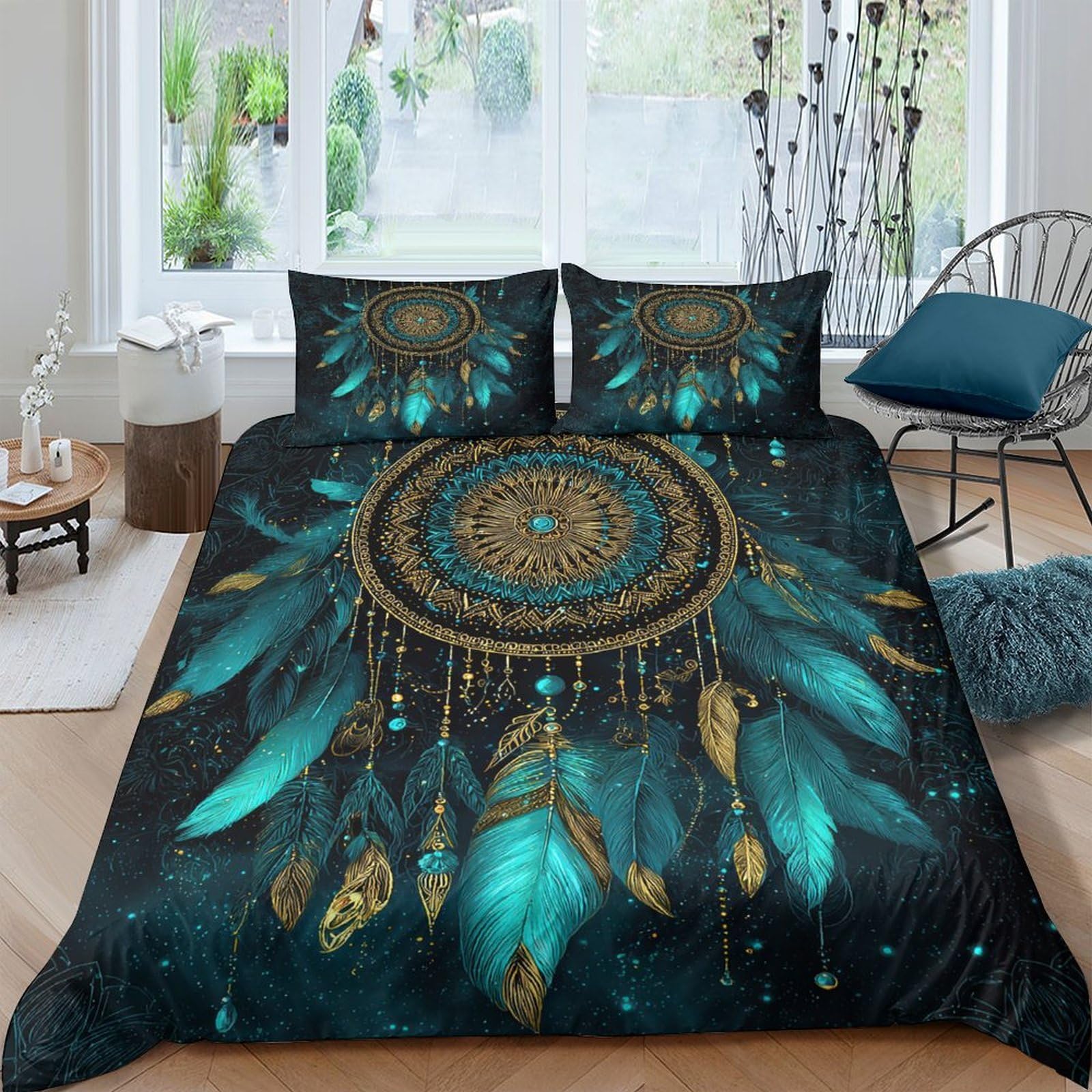 Ctjqhvkz Style-10 3D Printed Dreamcatcher Fitted Sheet Microfiber Soft Breathable Blue Feather Bed Cover For Bedroom Guest Room Decor Single（135X200cm）