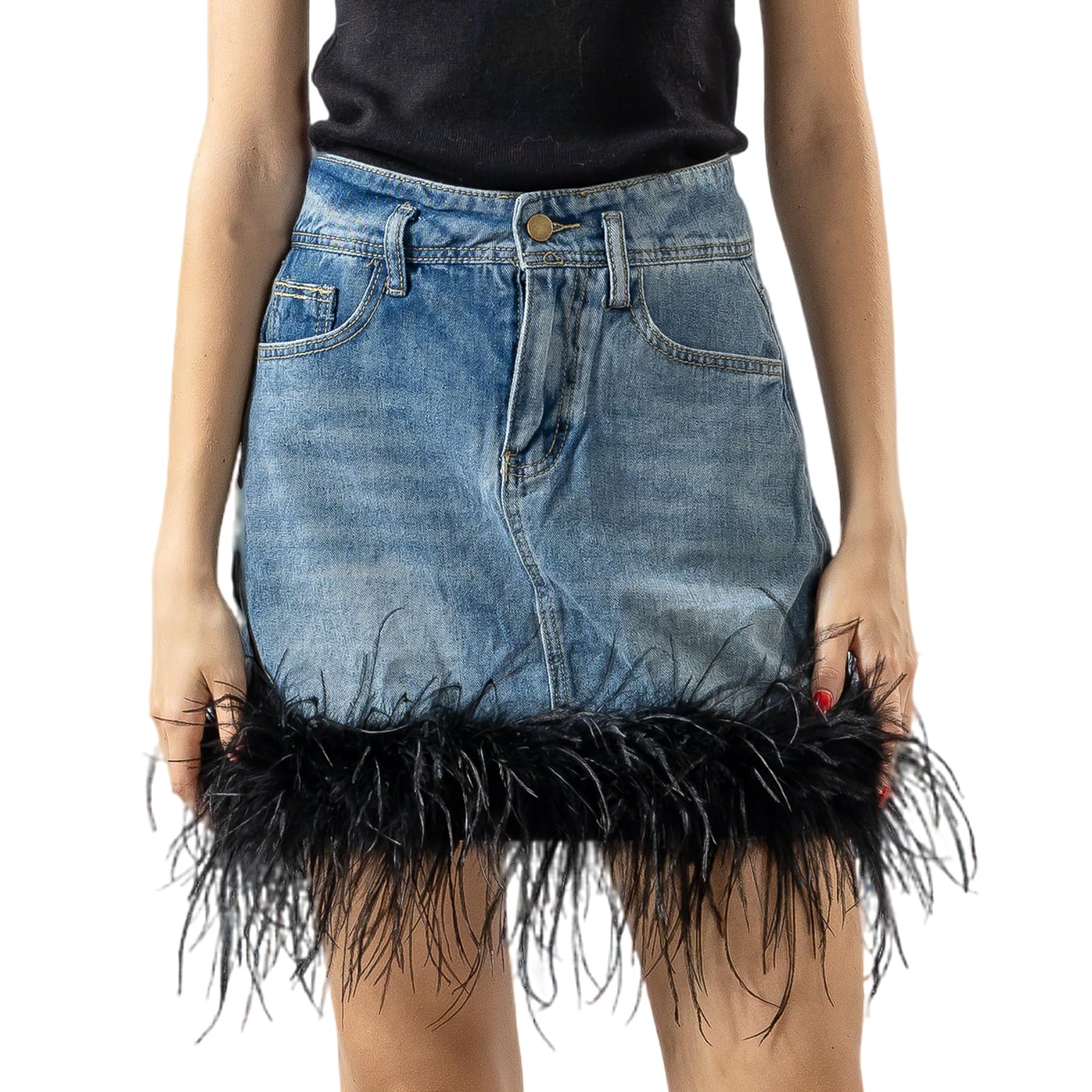 LVCOMEFF Womens Denim Skirt with Feather-Trimming Fringe High Waisted Mini Jean Skirt