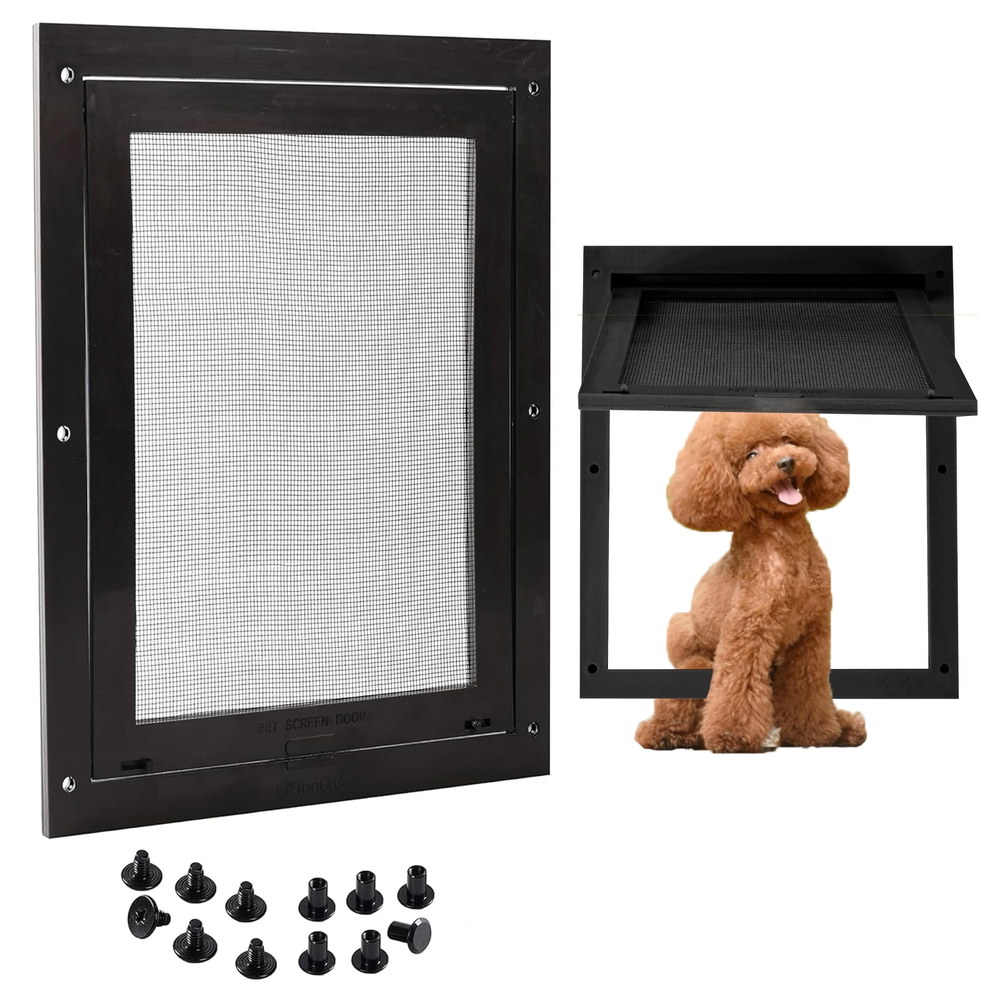 Tongass Easy-to-Install Screen Door Pet Flap 10" x 15 1/4" Screen Pet Door Suitable for Pets Under 100 Lbs Impact-Resistant Frame with Secure Dual Sliding Locks for Porch and Window Screens