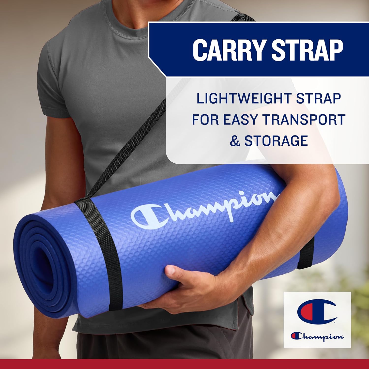 Champion 10mm Exercise Mat, Cushioned Non-Slip Workout Mat with Textured Base for Yoga, Pilates, Stretching & Floor-Based Training, Lightweight NBR Material, Includes Carry-On Strap