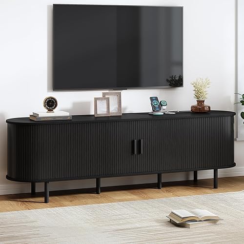 Miniatura 14 de Soporte de TV de 63 pulgadas con toma de corriente, consola multimedia moderna con puertas correderas, centro de entretenimiento para televisores de