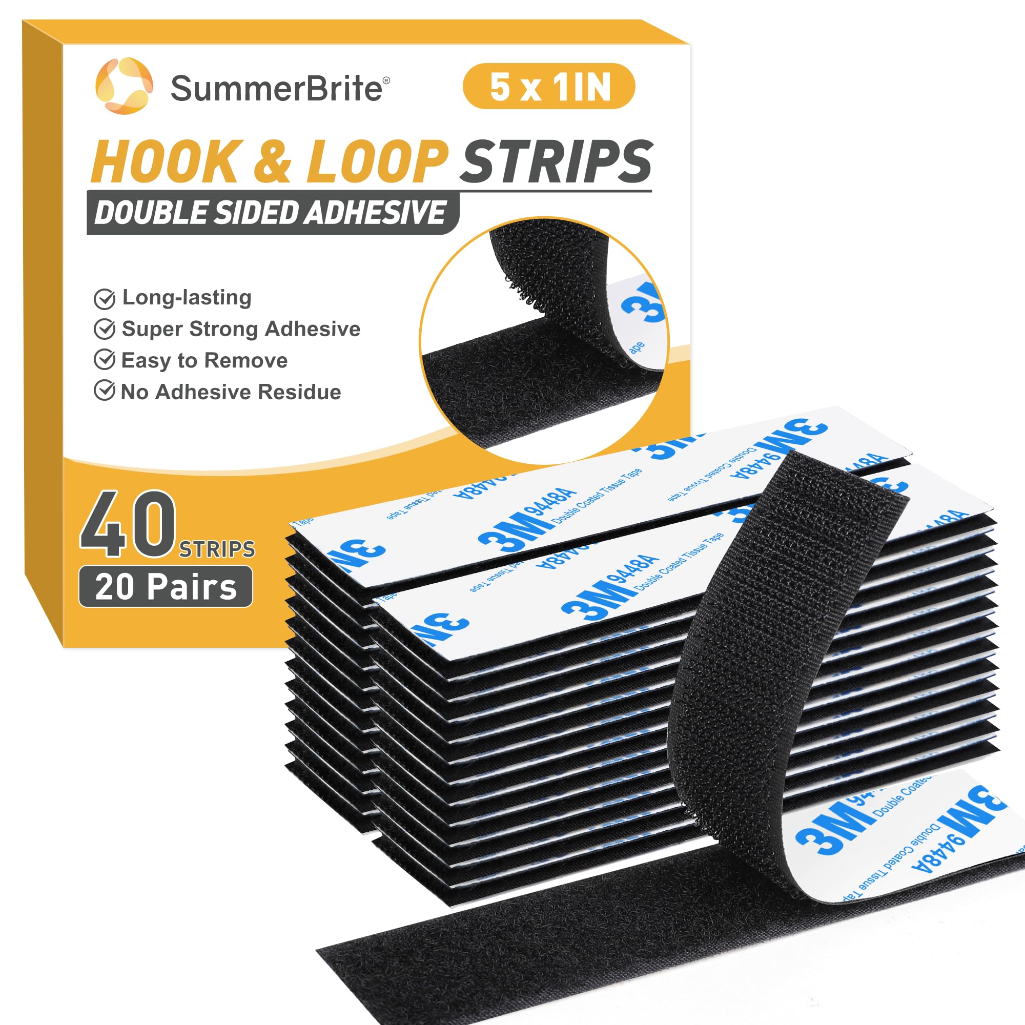 Hook and Loop Strips with Adhesive 1x5IN 20Pairs 40Strips Black Strong Sticky Back Fastener Heavy Duty Double-Sided Adhesive