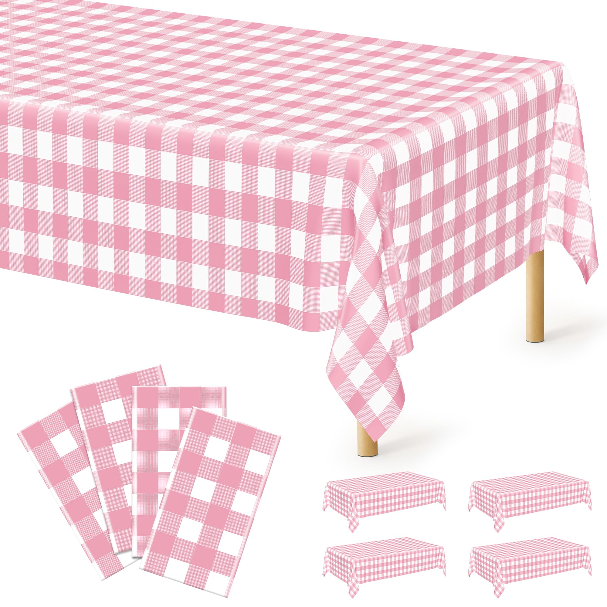 4Pack Pink Table Cloth, 54 x 108 Plastic Table Cloth Disposable, Waterproof Picnic Table Cover Checkered Rectangle Tablecloths for Indoor Outdoor Picnic Birthday Party Supplies Gathering BBQ Holiday