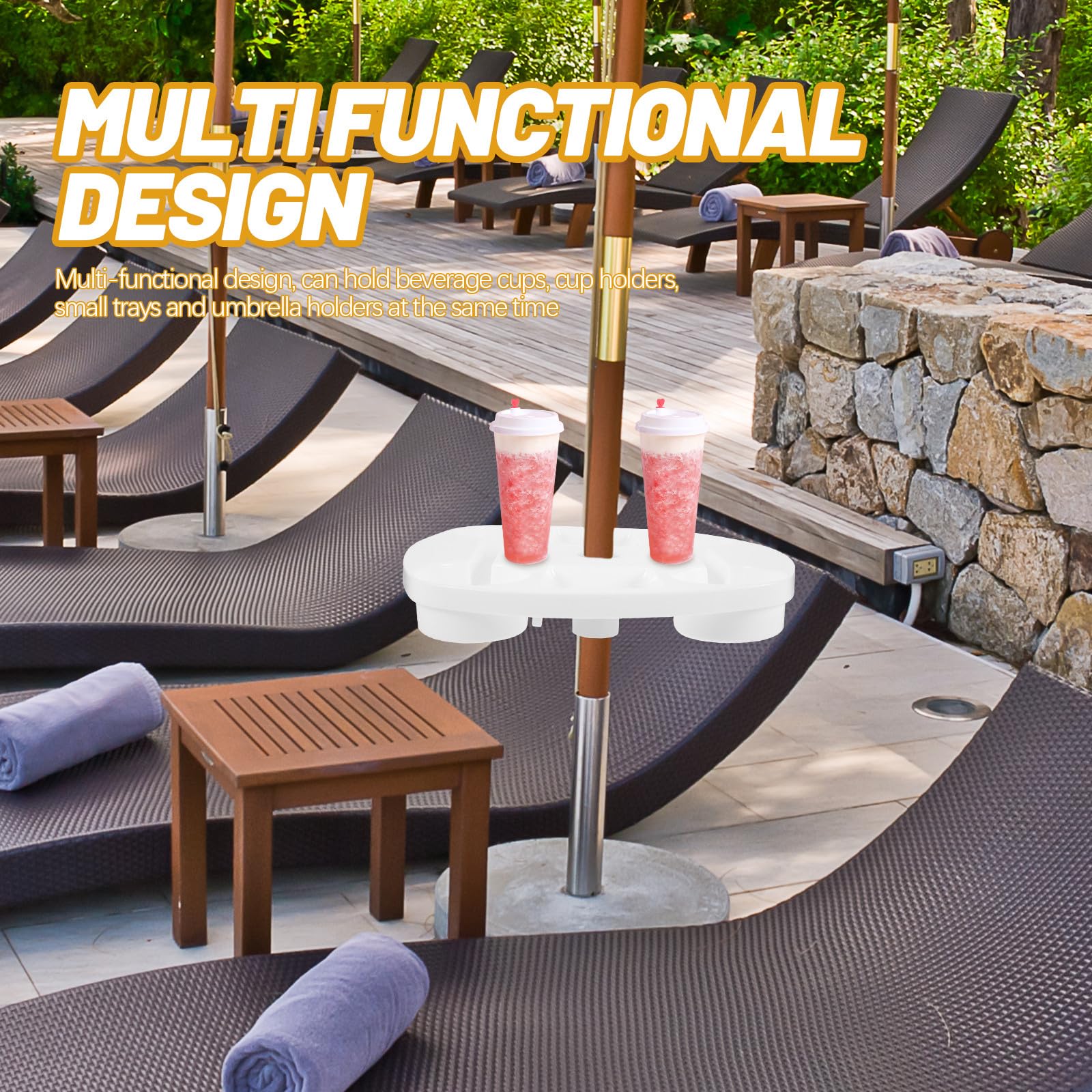 Bandeja de mesa blanca para sombrilla de 37 x 37 x 5,2 cm con portavasos y compartimento para aperitivos, base de plástico para uso al aire libre, perfecta para playa, piscina y camping