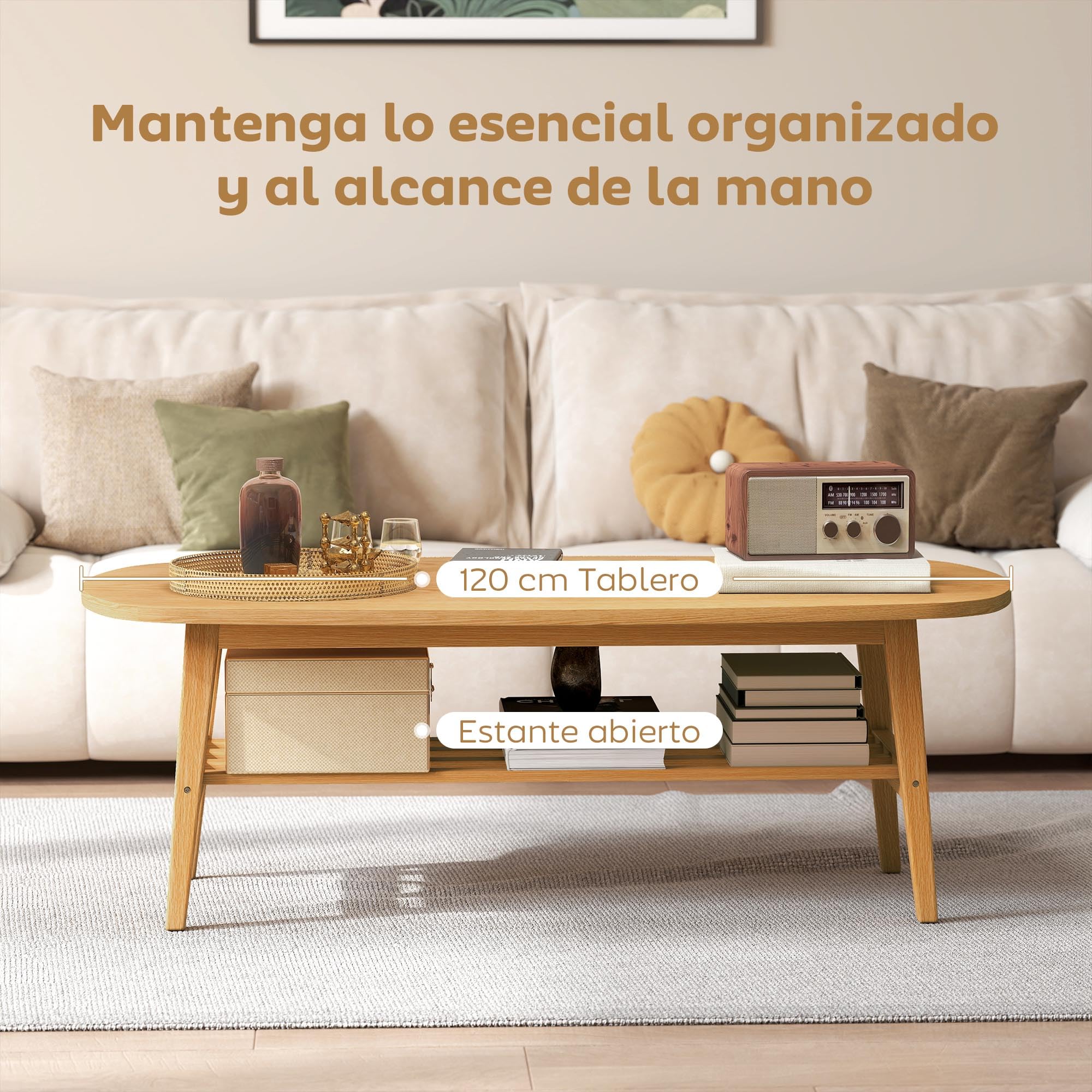 HOMCOM Mesa de Centro de 2 Niveles para Dormitorio 120x60x42cm Natural | Mesa Baja para Salón Moderno, Estante Abierto Inferior, Patas de Madera de Caucho, para Sala de Estar