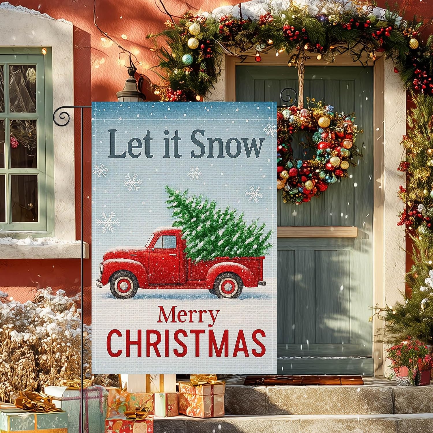 Snow Garden Flag 12x18 Inch Red Truck With Christmas Tree Burlap Double-Sided Winter Scene Seasonal Outdoor Holiday Banner Snow Merry Christmas Flag for Yard Lawn Decoration - Image 2