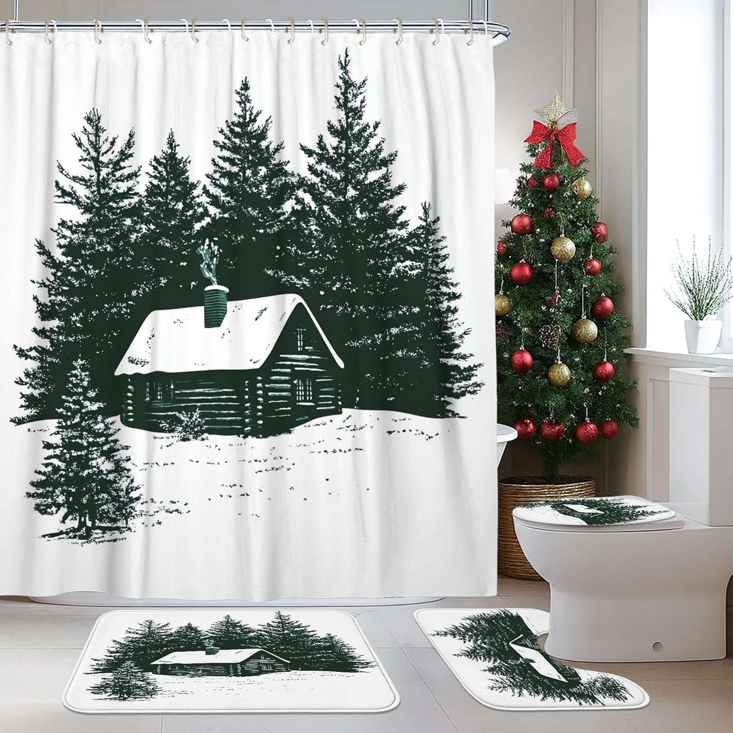 4PCS Winter Farmhouse Christmas Bathroom Sets, Bath with Non-Slip Rug, U Shape Toilet Lid Cover Mat, Vintage Retro Xmas Country Bathroom Decor-72''x72''