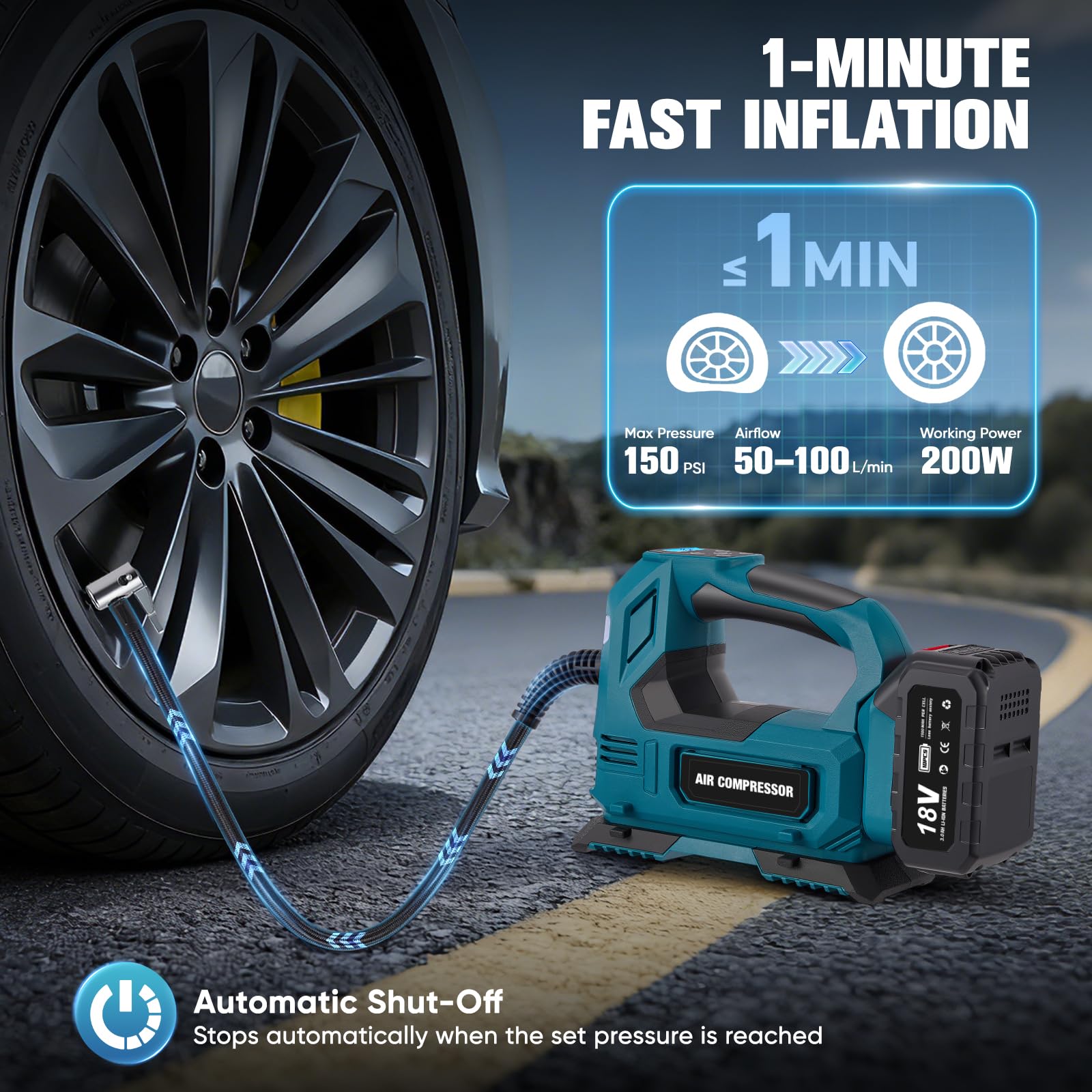 Compresor de aire digital de 150 PSI con luz LED de trabajo y función de parada automática, bomba de aire eléctrica para coche, moto, bicicleta y pelotas deportivas, incluye batería de 3,0 Ah y