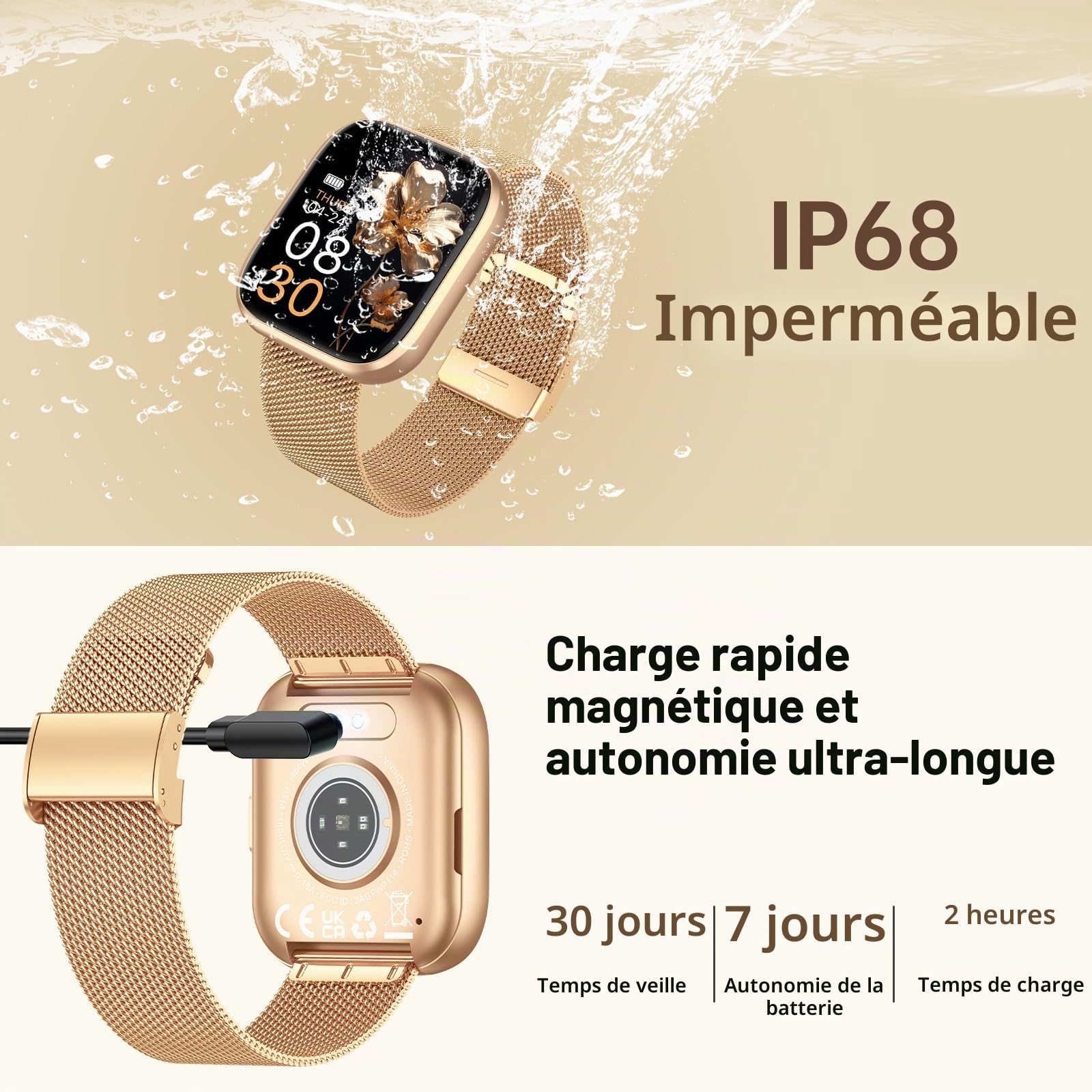 Montre Connectée Femme, 1.91" HD Smartwatch Fonction Féminine avec Appel Bluetooth 5.4, 120+ Modes Sportifs, 200+ Cadrans personnalisés, 24H Moniteur Sommeil/FC/SpO2, Android iOS, Or Rose
