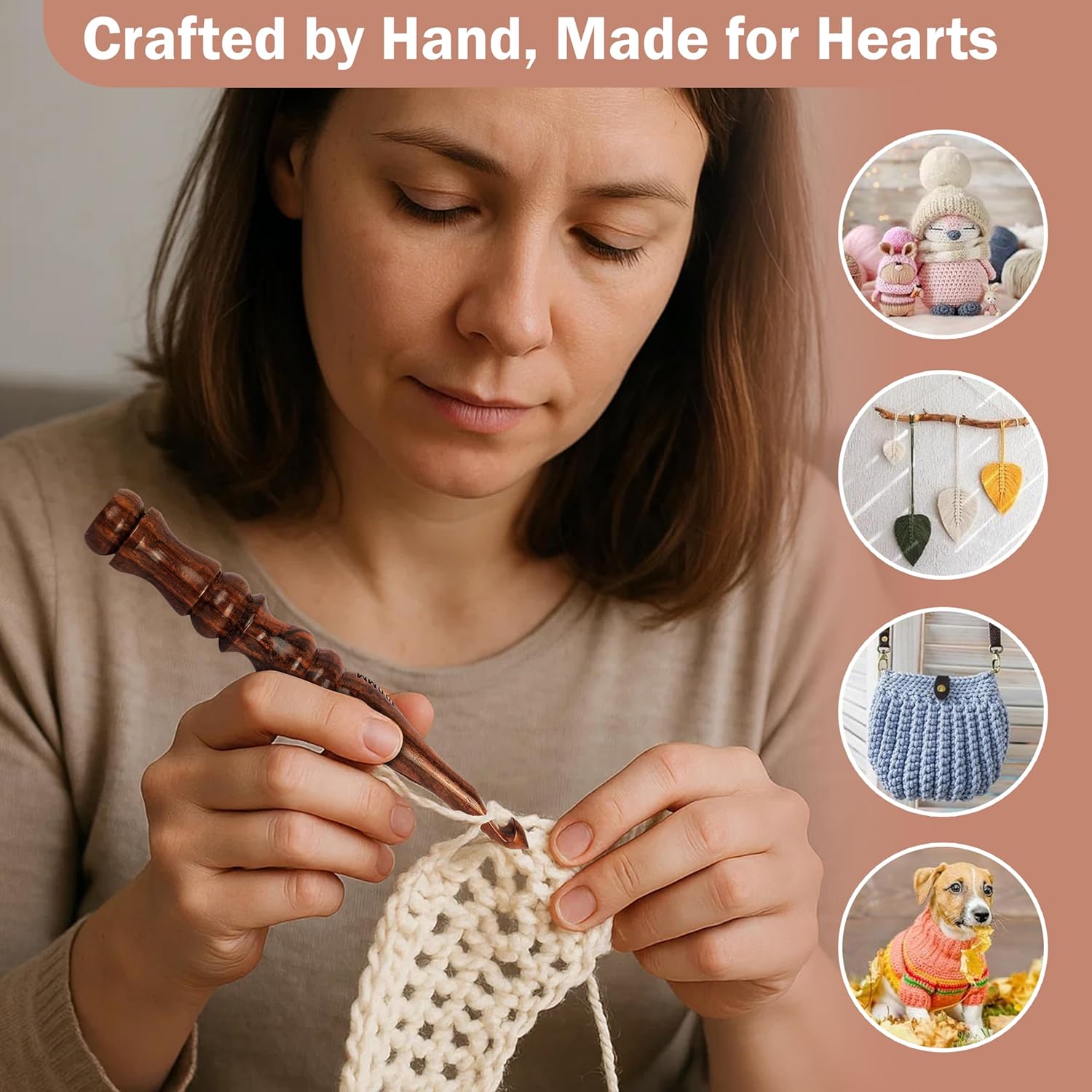 PIEWOOD - Wooden Crochet Hooks Set of 13 (3.5mm to 12mm) Ergonomic Soft Grip Handle for Arthritic Hands, Perfect Gift for Knitting & Crocheting