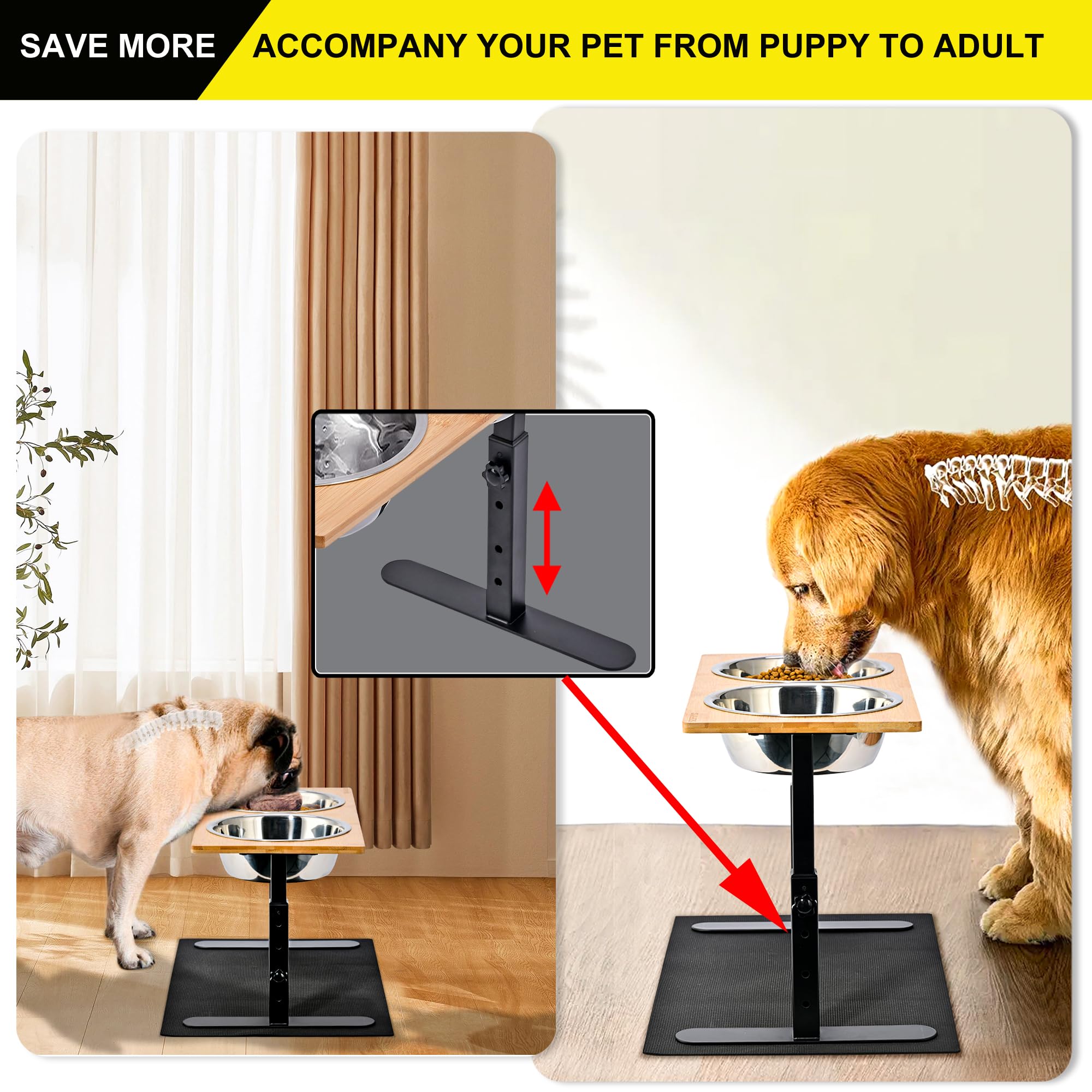 Tazones elevados para Perros, Gatos y Perros con 2 Cuencos de Acero Inoxidable, 3 Alturas Ajustables, Juego de comedero de Agua de bambú sólido para Mascotas