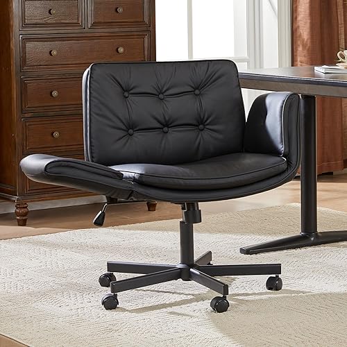 amseatec Criss Cross Chair with Armrests & Wheels, PU Leather Vanity Chair, Comfortable Adjustable Swivel Computer Office Desk Chairs for Home, Make Up, Bed Room (Black) - Black