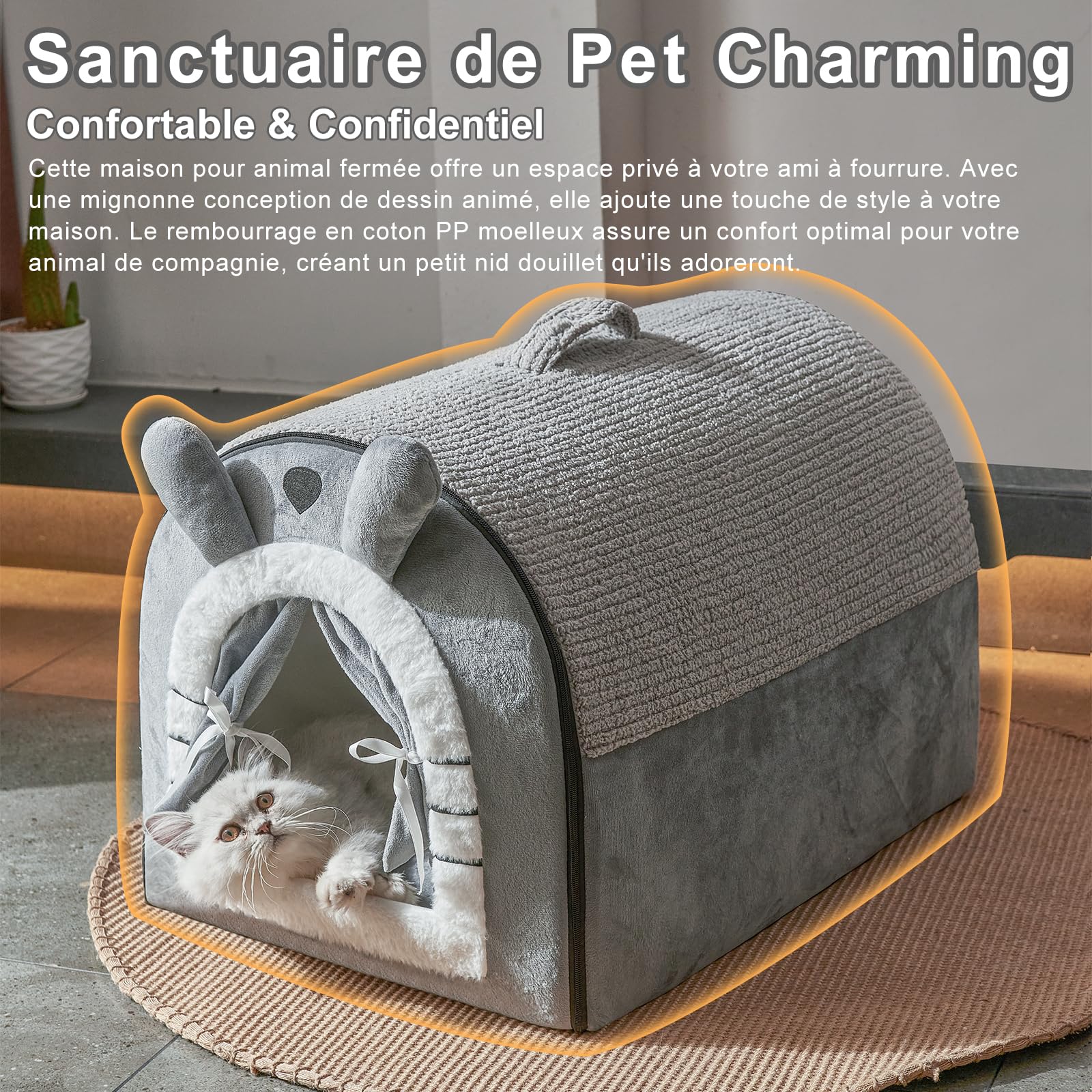 Jiupety Mignonne Niche pour Chien Interieur, Niches à Chien pour Chats et Chiots, Maison Chiens avec Rideau Design, Dog House Taille L, Grey