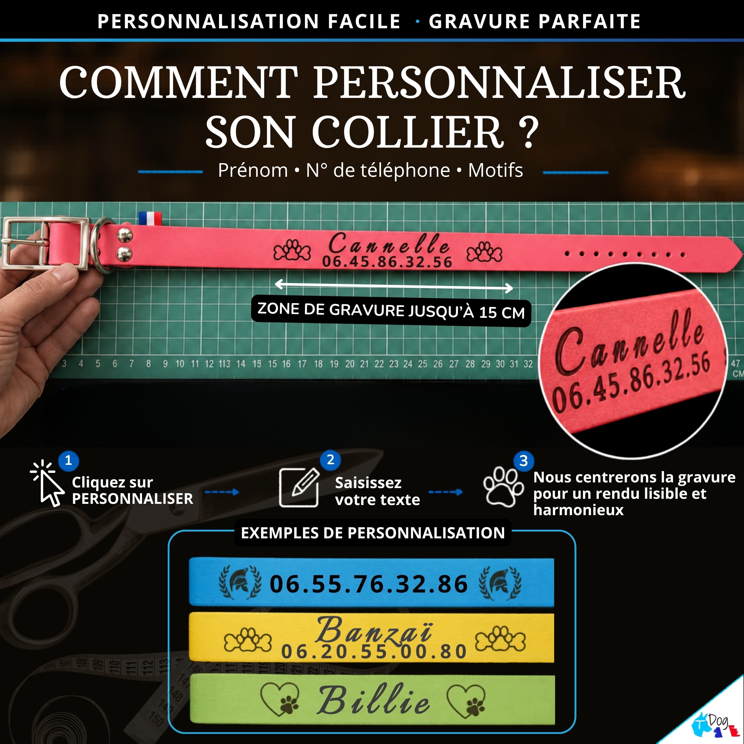 Collier Chien personnalisé Biothane - Fait Main France - Collier gravé au Laser - Gravure prénom et numéro téléphone - Sport Chasse Rando - Collier étanche et résistant pour Chien - TDOG (Rouge)