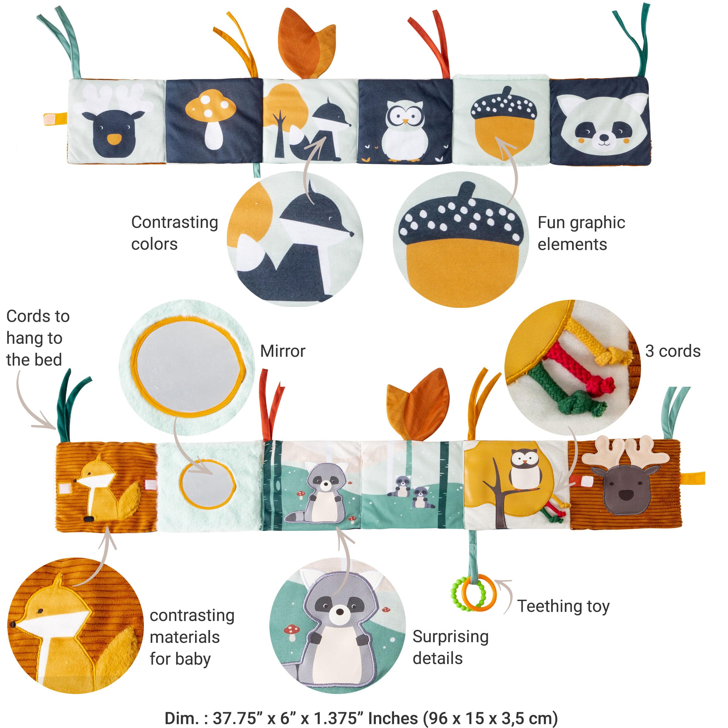 Little Big Friends Soft Activity Book 2 in 1 | Multipurpose Developmental Toy | Easily attaches to Crib | Teething Ring | Forest