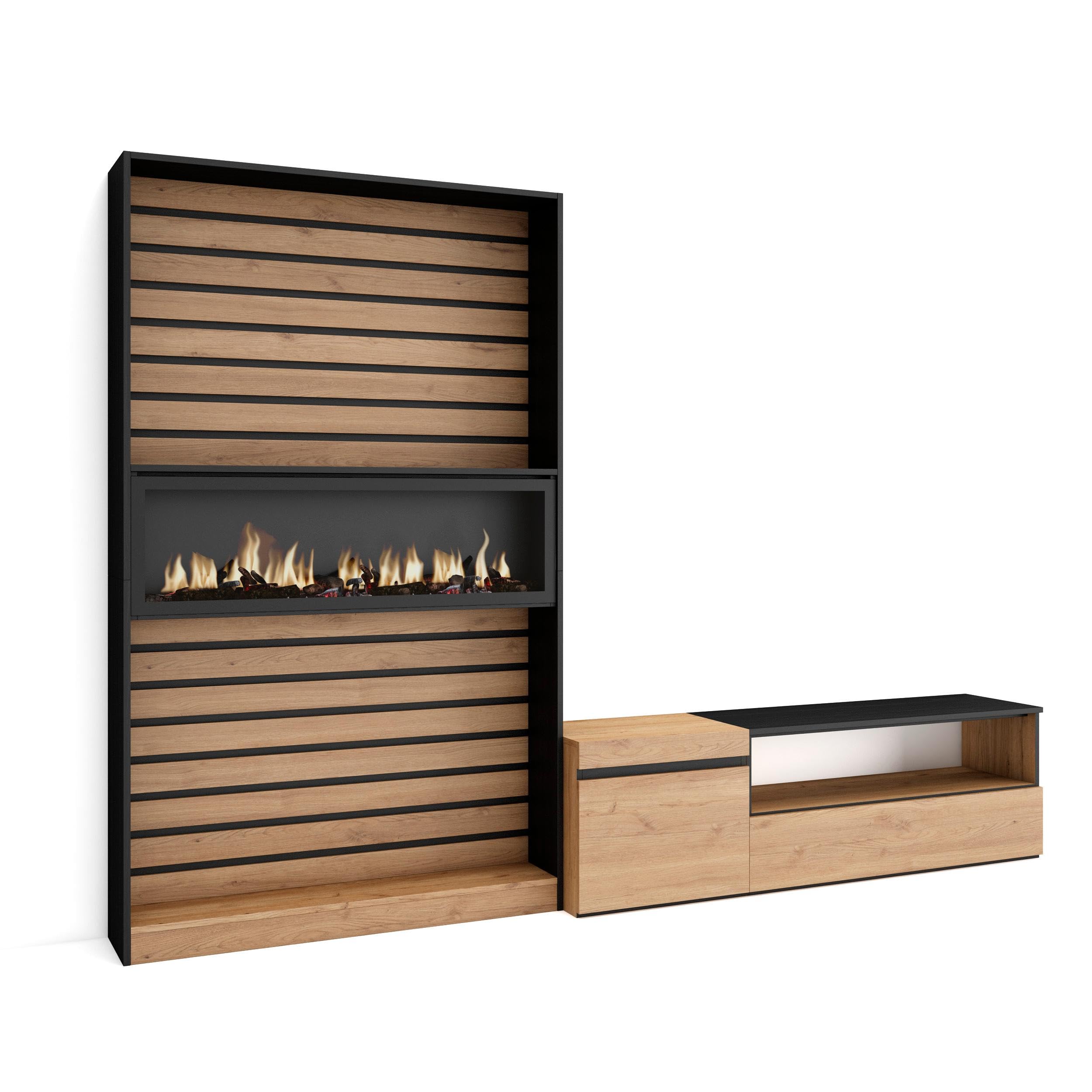 Skraut Home | Muebles de Salón para TV | Conjunto de Muebles Comedor | 260x186x35cm | para TV hasta 65" | Chimenea eléctrica | Estilo Moderno | Roble y Negro