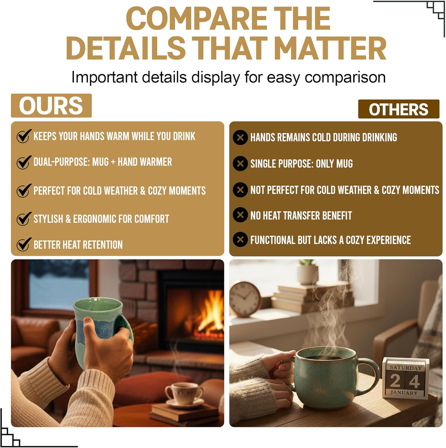 Clay in Motion Hand Warmer Coffee Mug – Handmade Coffee Mug With Comfortable Handle Contoured Pocket Hand Warming Ceramic Coffee Mug – Proudly Made in USA – Right Handed – 14 Oz - Misty Green