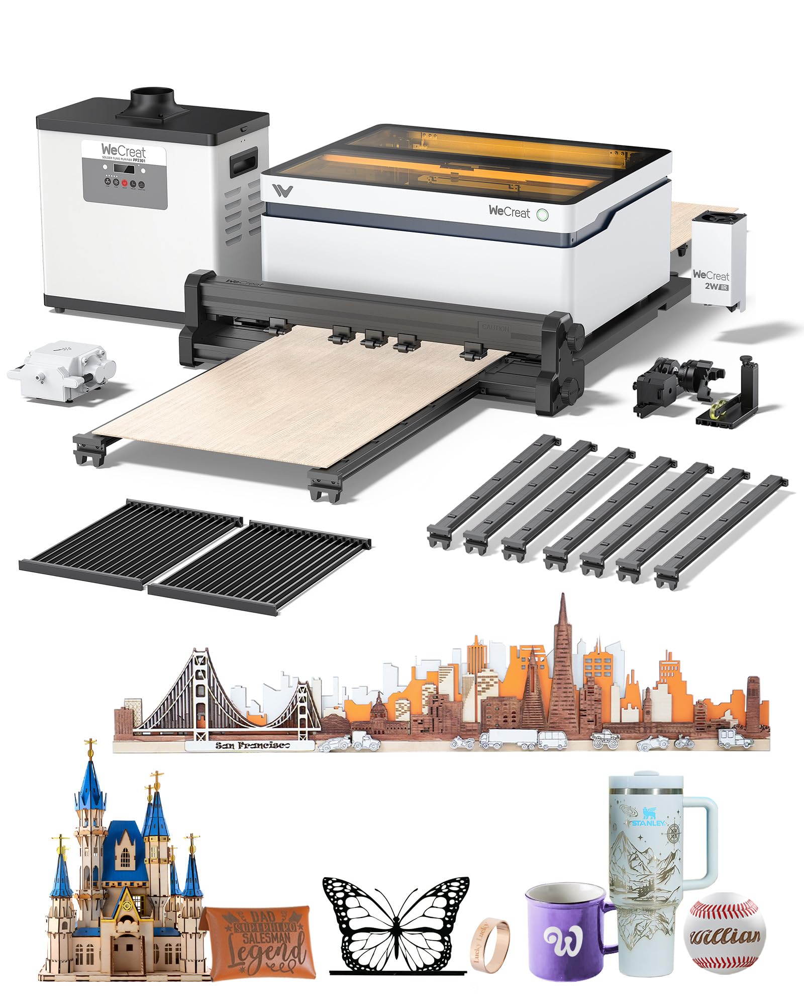 WECREATVision 20W Laser Engraver for Tumblers, with 137" Auto Pass Through Feeder, 2W Switchable Laser Module, AirGuard Pro Fume Extractor, Laser Engraver Machine for Wood Leather Acrylic Leather