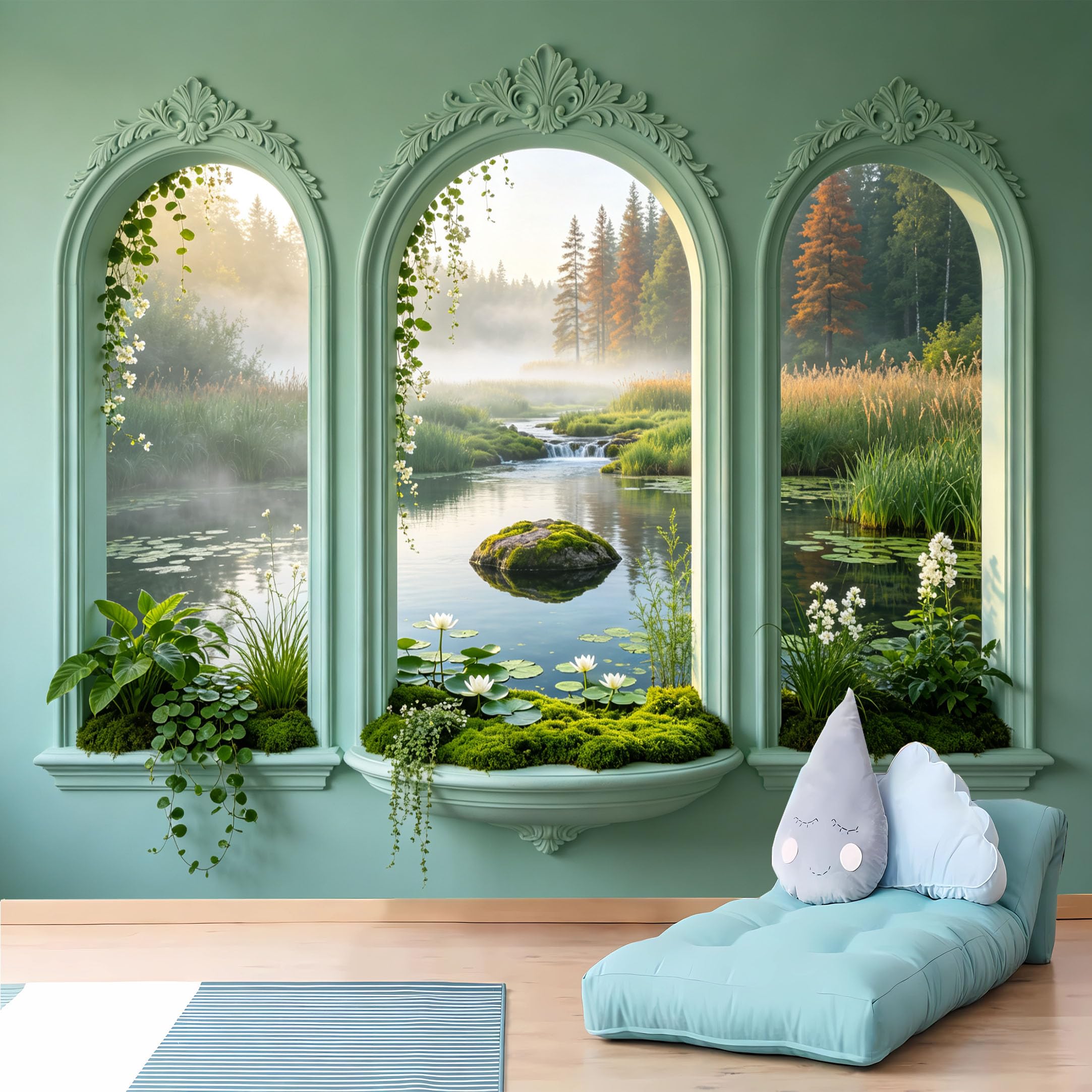 Custom Size Wall Murals, Misty Forest Lake View from Green Arched Window, Full Wall, Self-Adhesive Wall Fabric (NO PVC) Removable Wallpaper for Living Room
