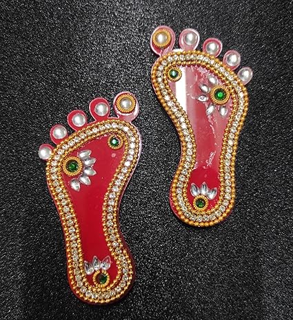 Prisma Collections Set of 2 Acrylic Lakshmi MATA Charan Paduka Sticker Diwali Festival Decoration with Stone Moti Mandir Home Office Floor Festival Pujan Home (Diamond Work)