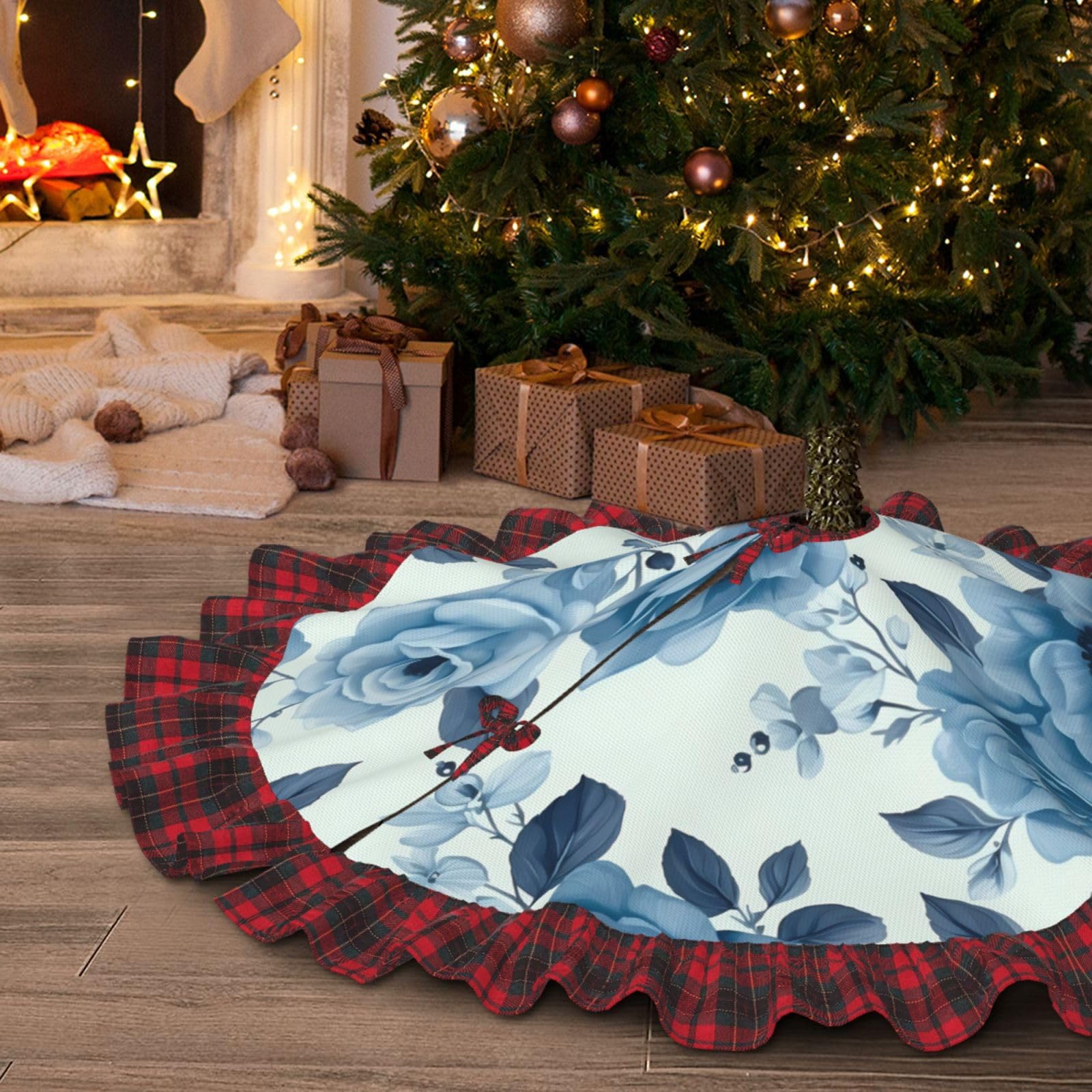 Jupe de sapin de Noël fleurie pour salon chaleureux en fête